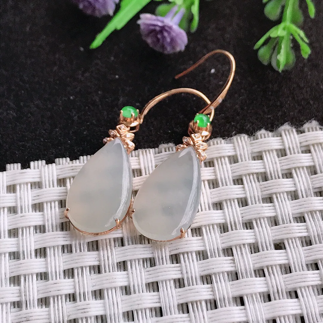 天然a货翡翠18/10.2/3.6老坑18k金镶嵌白冰水滴耳坠翡翠玉