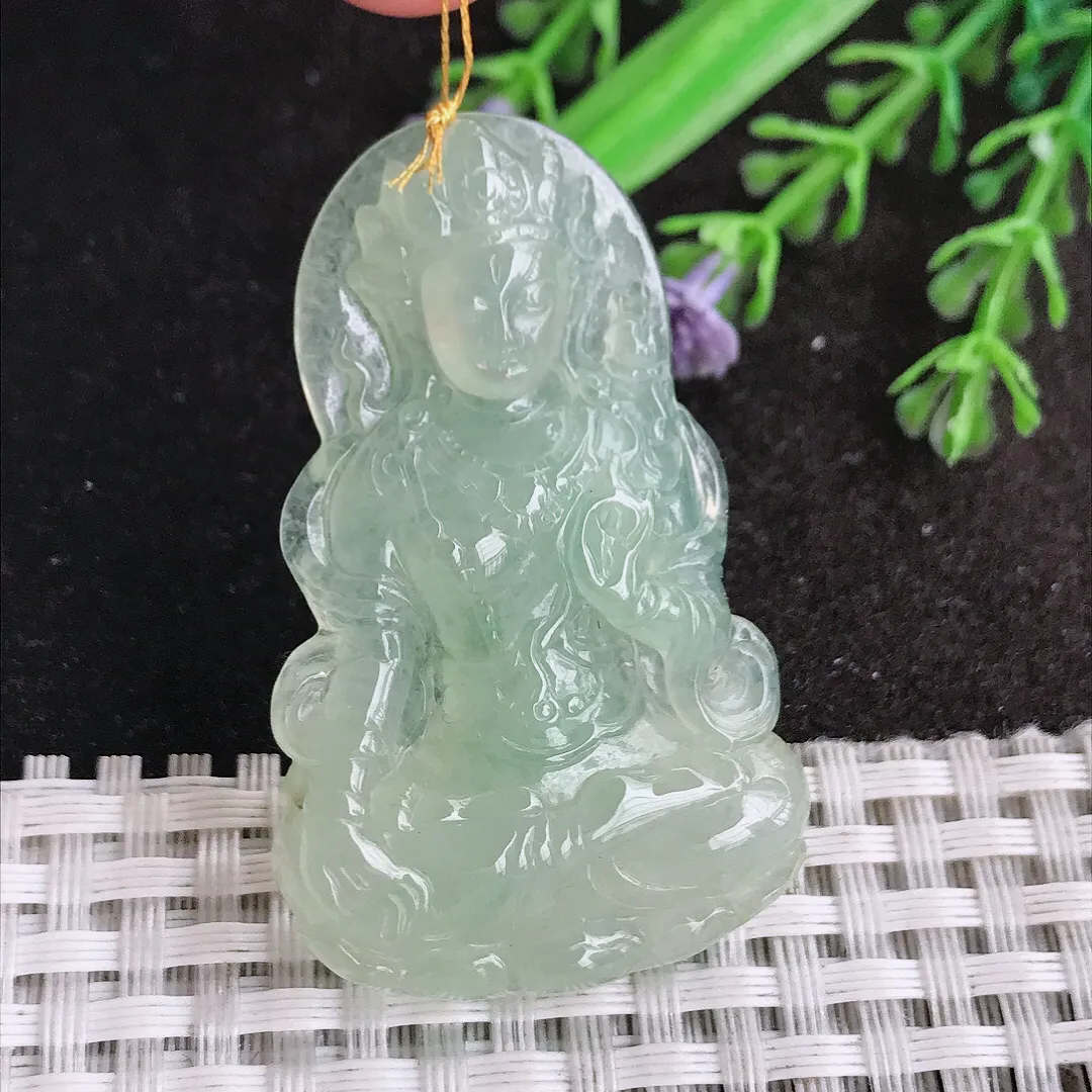 天然a货翡翠49/30.8/6老坑冰胶水灵冰晴绿渡母菩萨吊坠翡翠玉挂件