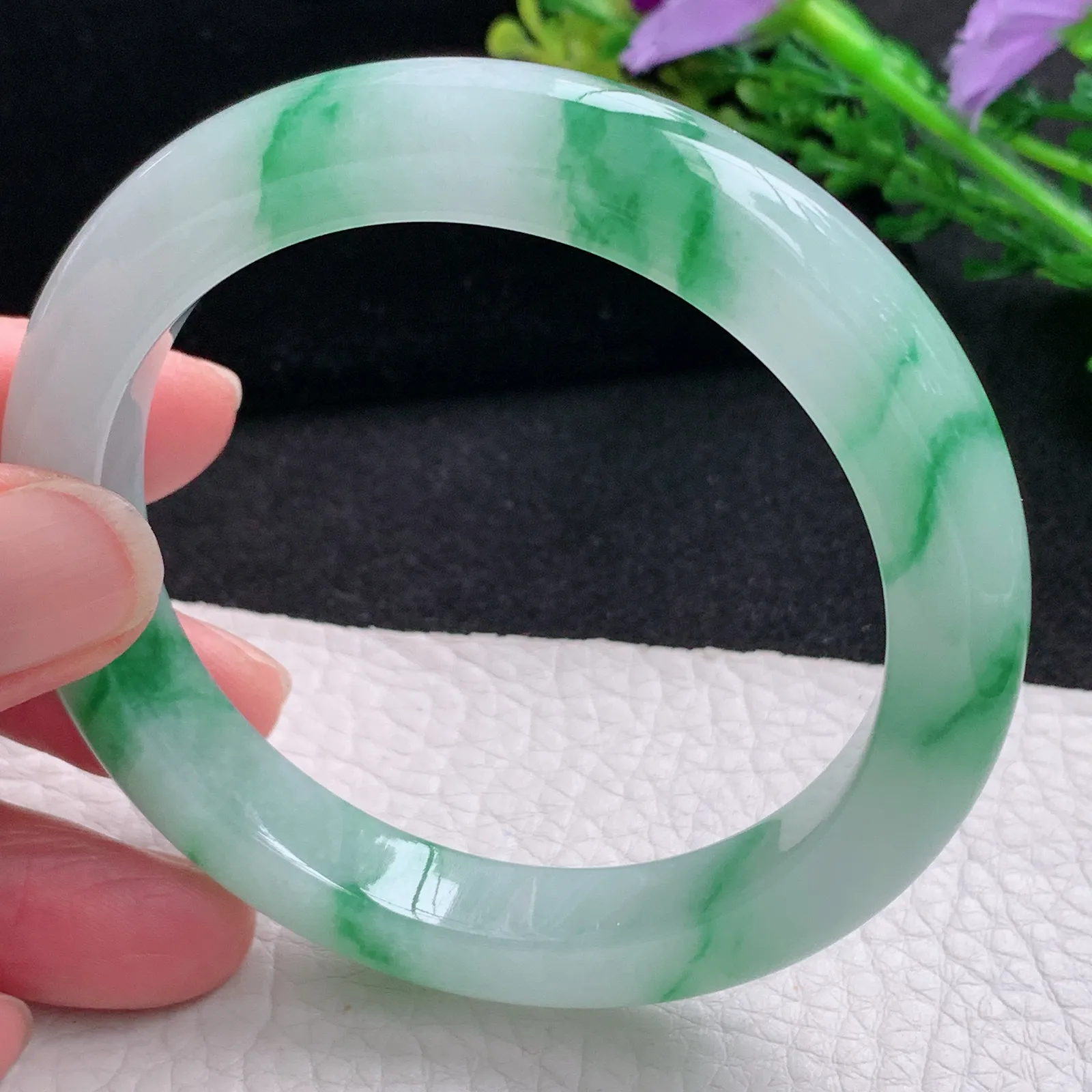 yh自然光57.5*10.5*9.2平安镯 缅甸翡翠a货玉手镯冰飘绿花宽边玉手环