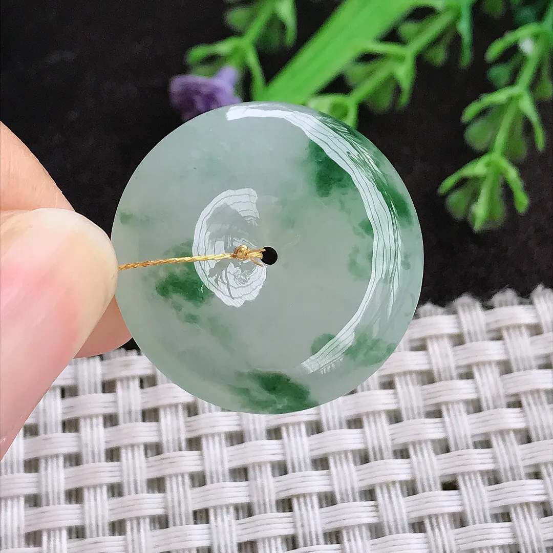 天然a货翡翠26.1/6.3老坑冰胶果冻飘花平安扣吊坠翡翠玉扣挂件