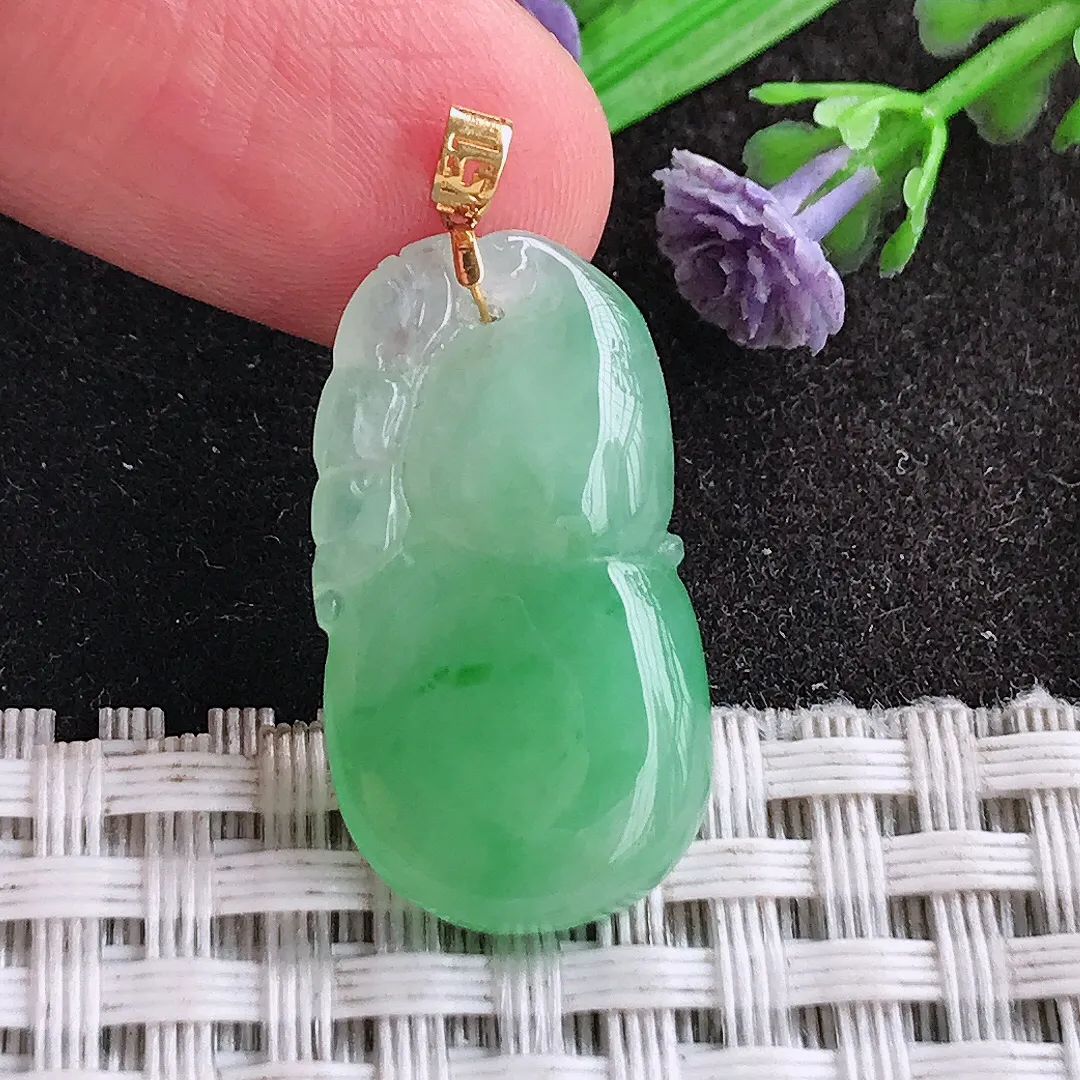 天然a货翡翠25.5/14.2/5.2老坑18k金镶嵌冰阳绿葫芦吊坠翡翠玉挂件