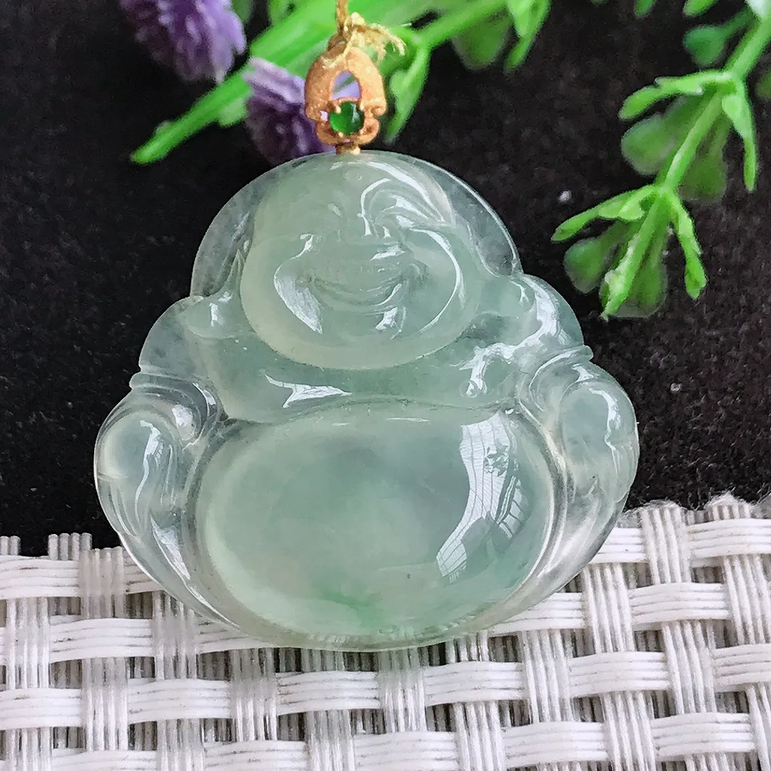 天然a货翡翠28.8/31.2/6老坑18k金镶嵌冰种冰晴绿佛公吊坠翡翠玉佛挂件