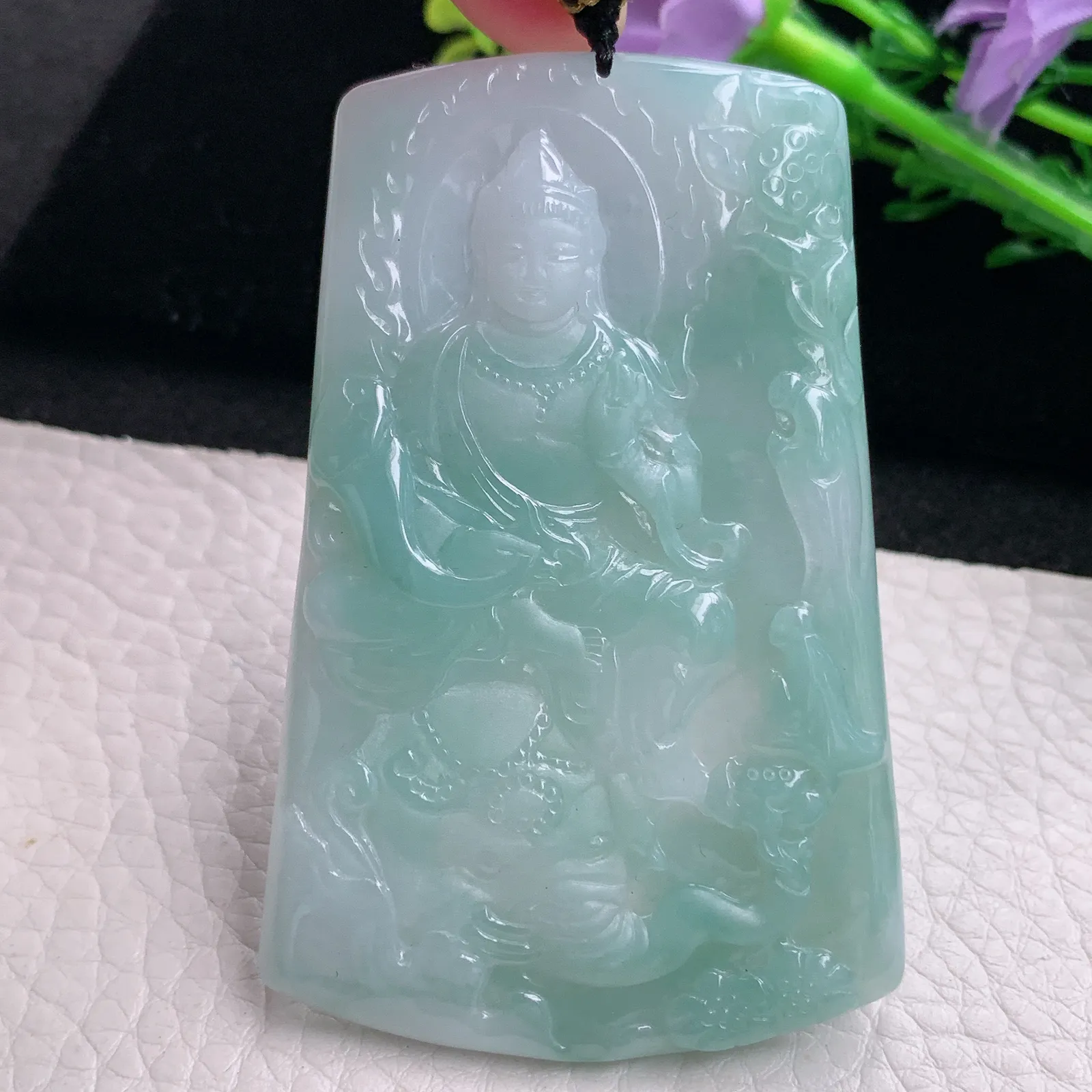 kh自然光69*44.8*5天然缅甸翡翠蓝韵普贤观音菩萨玉吊坠 玉挂件