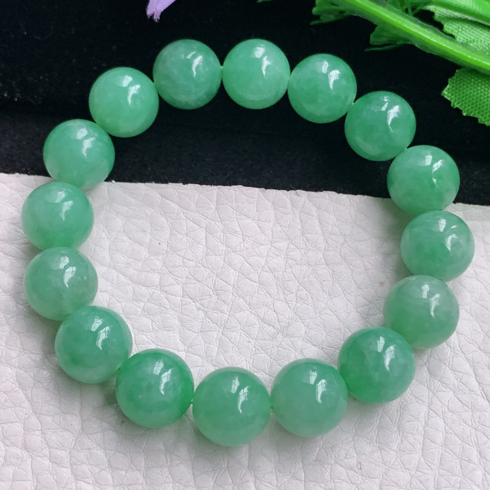 abc自然光11.5mm天然缅甸翡翠高雅满绿圆珠玉手链 玉手串