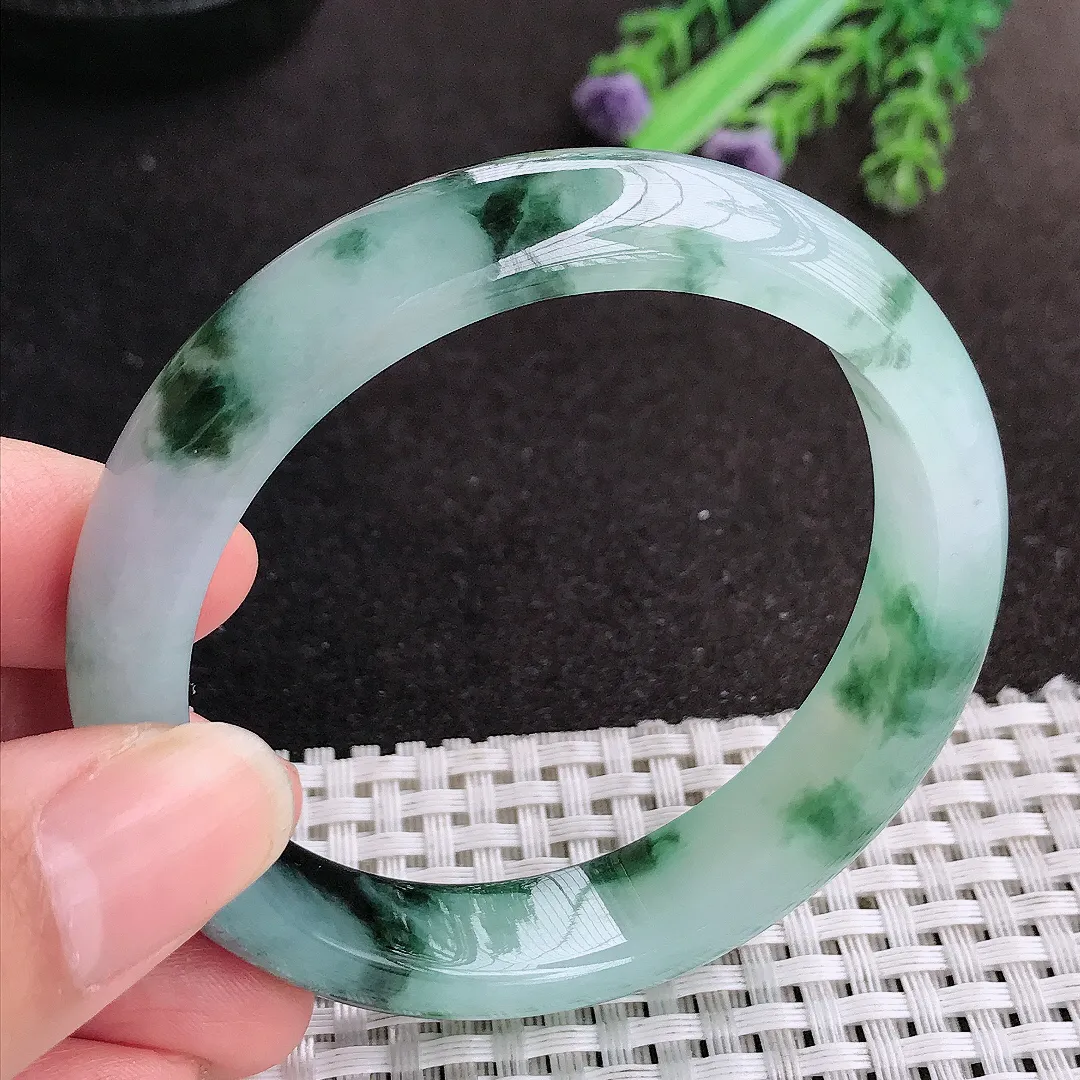 天然A货翡翠55/12.7/7.6老坑冰胶果冻特色飘花手镯宽边玉手镯