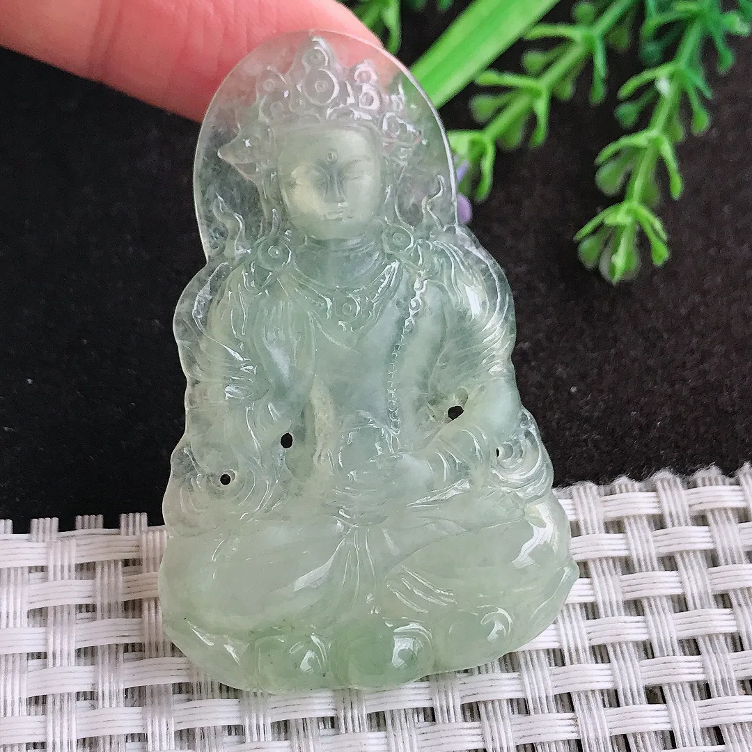 天然a货翡翠58/36.8/5老坑冰透起胶冰晴绿渡母菩萨吊坠翡翠玉挂件