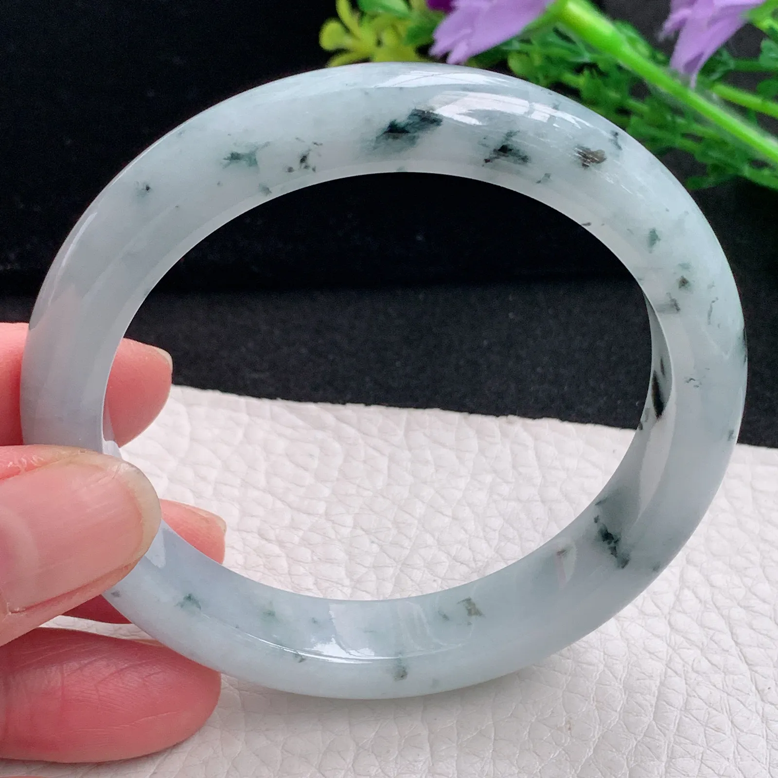 hy自然光58*11.8*8.3平安镯 缅甸翡翠a货玉手镯冰飘花灵动宽边玉手环