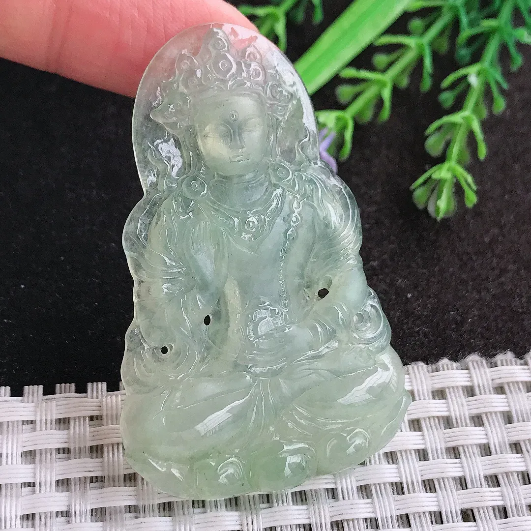 天然a货翡翠58/36.8/5老坑冰透起胶冰晴绿渡母菩萨吊坠翡翠玉挂件