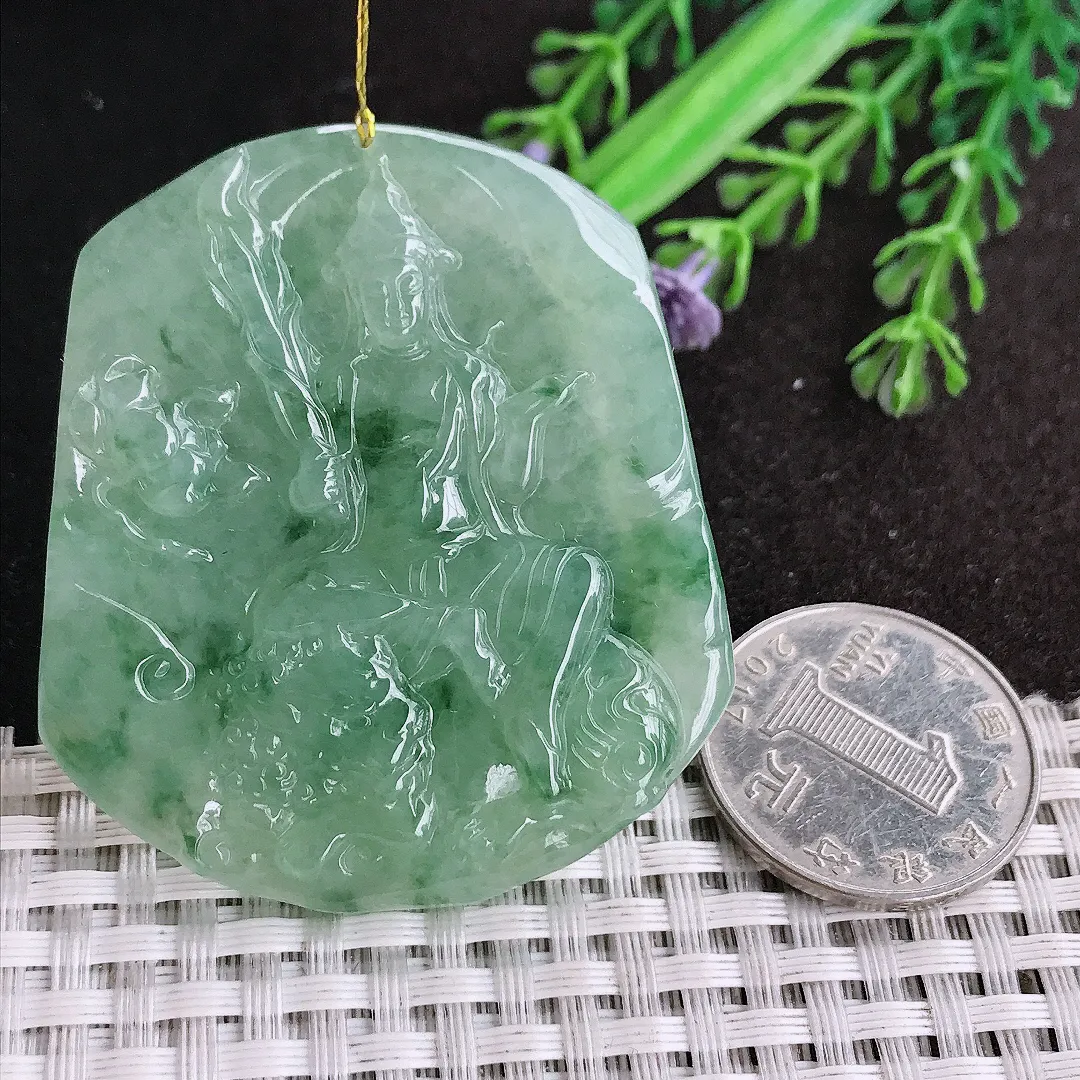 天然a货翡翠52.8/46/6.2老坑冰胶果冻冰晴绿文殊菩萨吊坠翡翠玉挂件