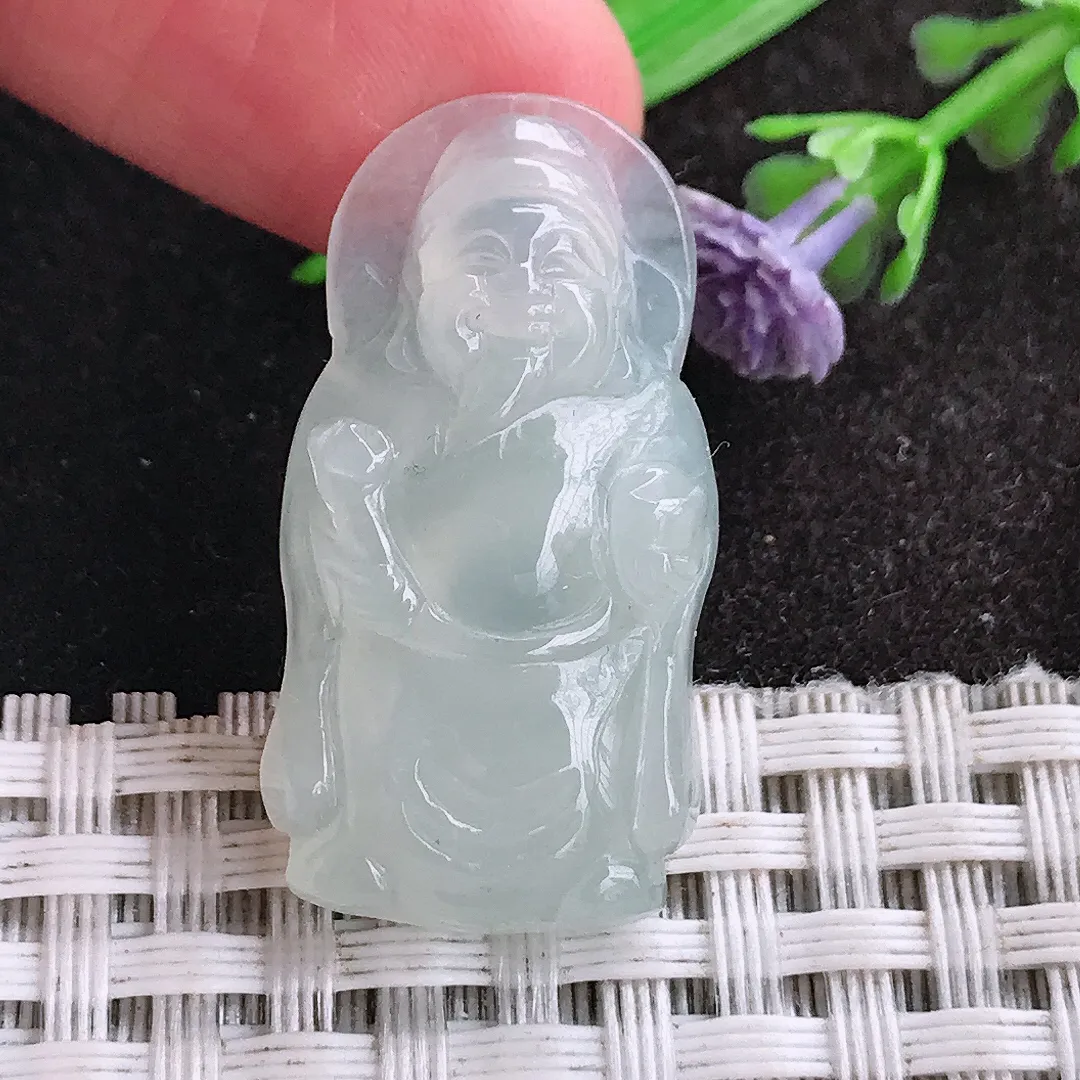 天然a货翡翠31.2/16.3/6老坑冰种起胶小财神爷吊坠翡翠玉挂件