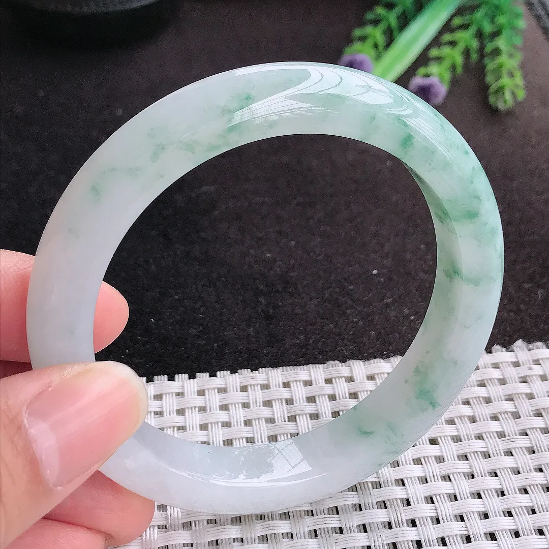 天然A货翡翠58/11.5/9老坑冰润水灵飘花手镯宽边玉手镯