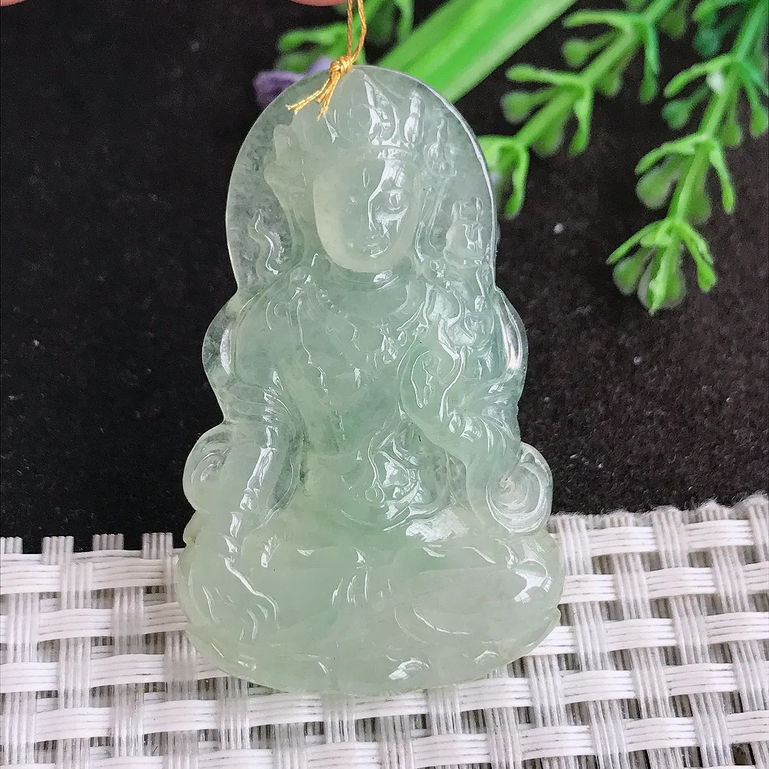 天然a货翡翠49/30.8/6老坑冰胶水灵冰晴绿渡母菩萨吊坠翡翠玉挂件