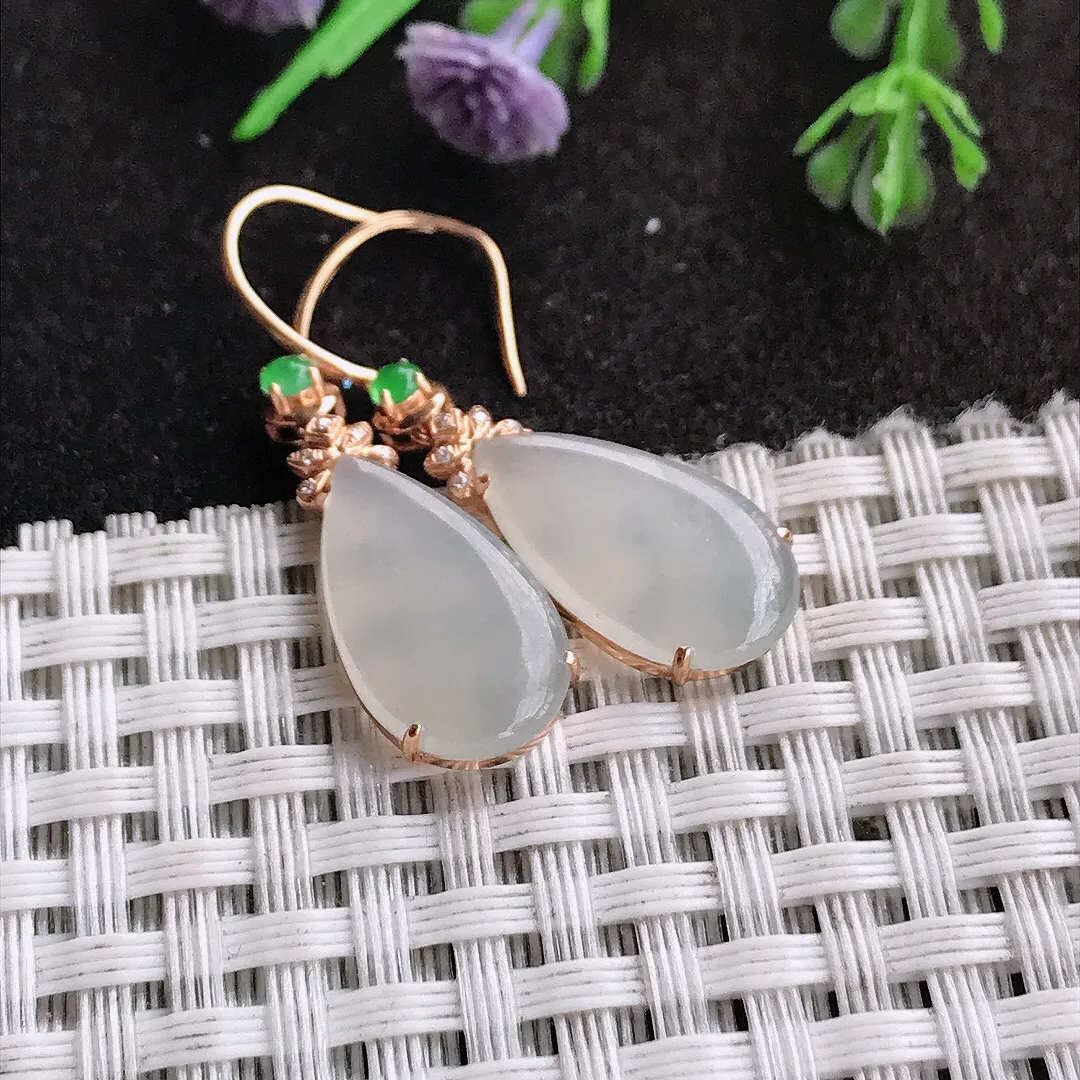 天然a货翡翠18/10.2/3.6老坑18k金镶嵌白冰水滴耳坠翡翠玉