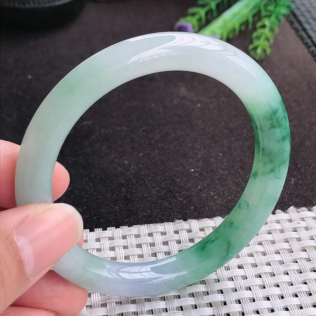 天然A货翡翠56.8/9.2老坑冰胶果冻冰飘花圆条手镯玉手镯