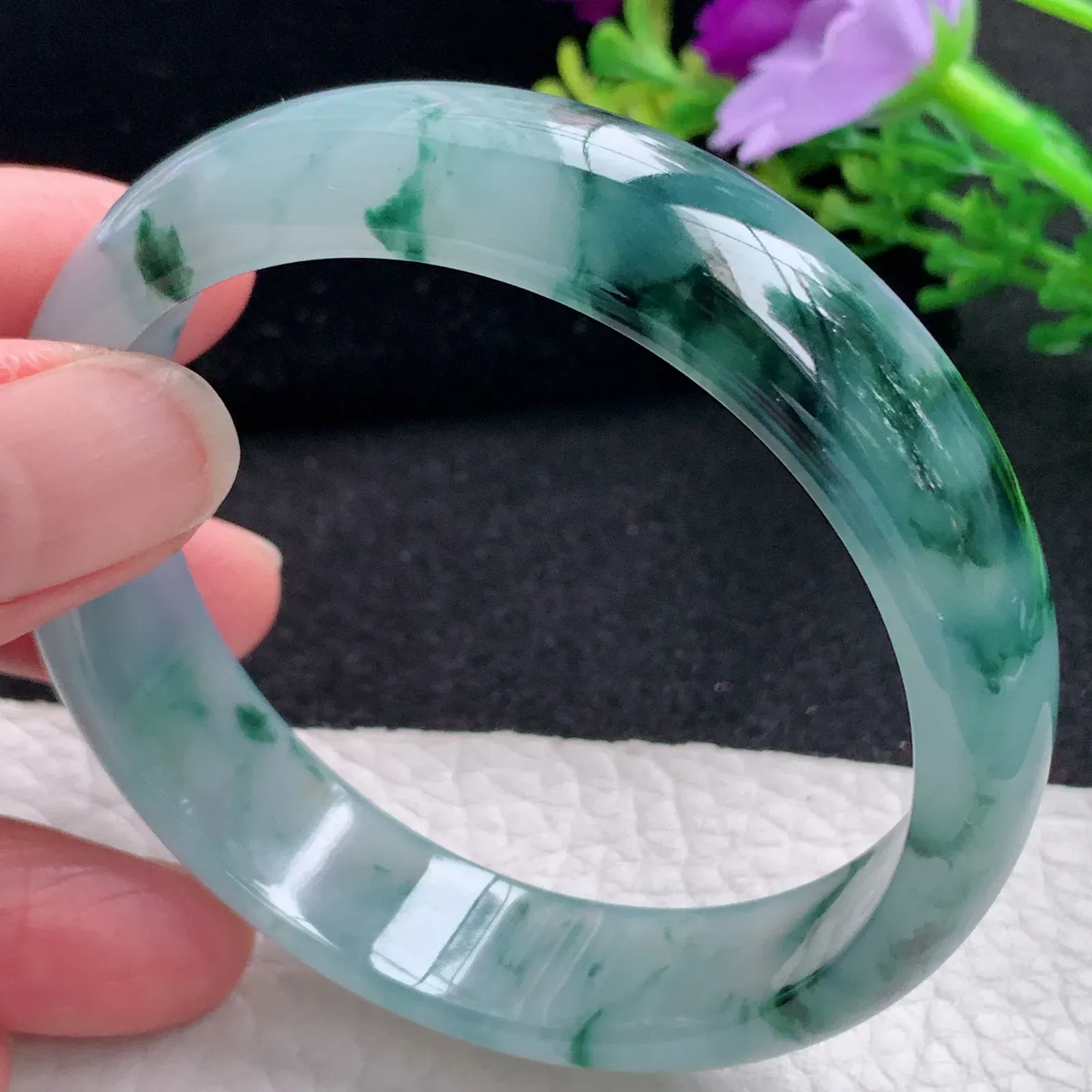 js自然光57*14.8*6.8平安镯 缅甸翡翠a货玉手镯冰飘花宽边玉手环