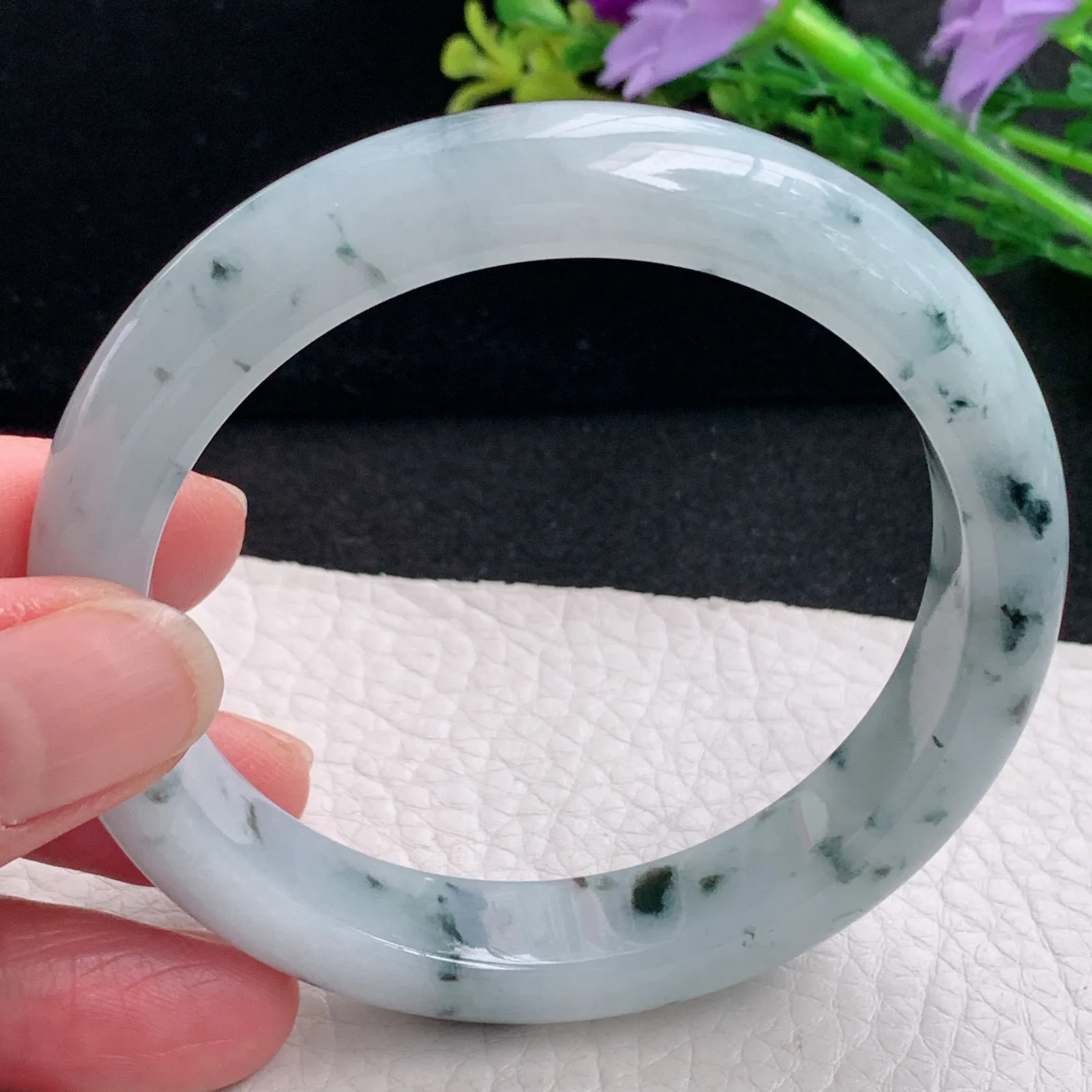 hy自然光58*11.8*8.3平安镯 缅甸翡翠a货玉手镯冰飘花灵动宽边玉手环