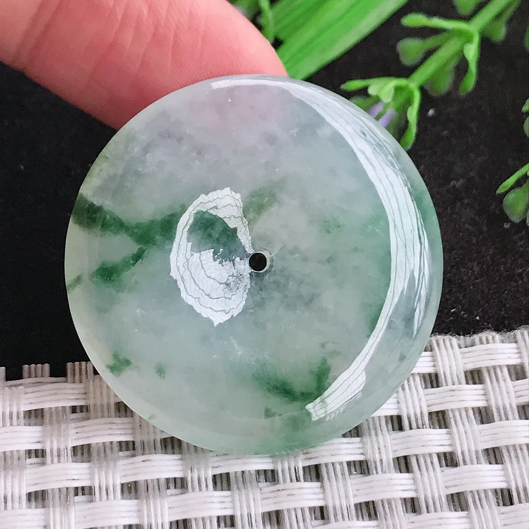 天然a货翡翠34.9/5.5老坑冰胶果冻飘花平安扣吊坠翡翠玉扣挂件