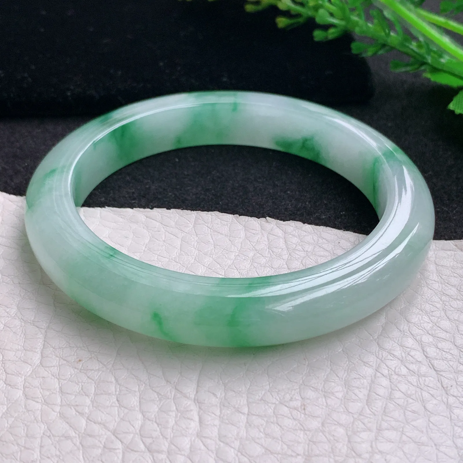 yh自然光57.5*10.5*9.2平安镯 缅甸翡翠a货玉手镯冰飘绿花宽边玉手环