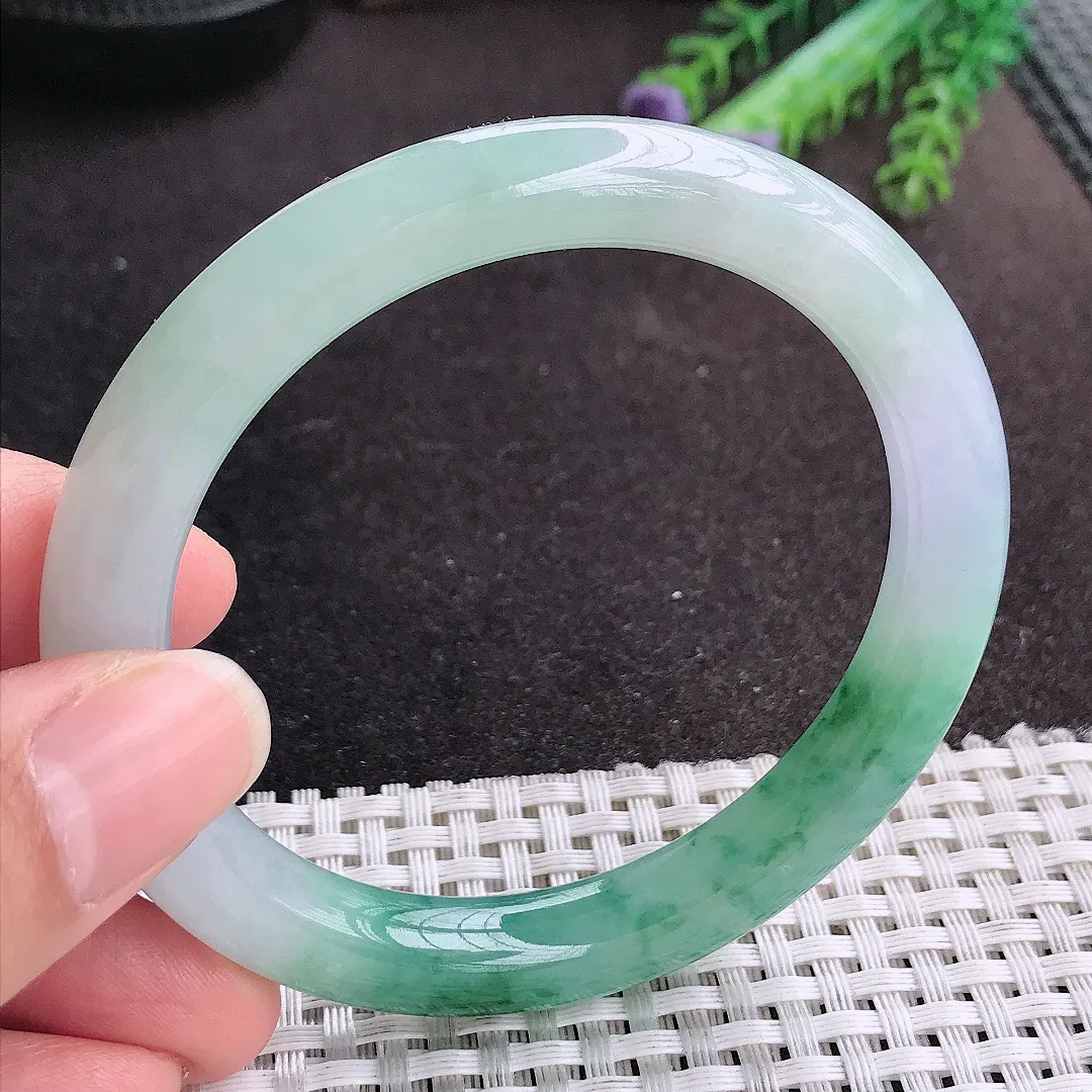 天然A货翡翠56.8/9.2老坑冰胶果冻冰飘花圆条手镯玉手镯