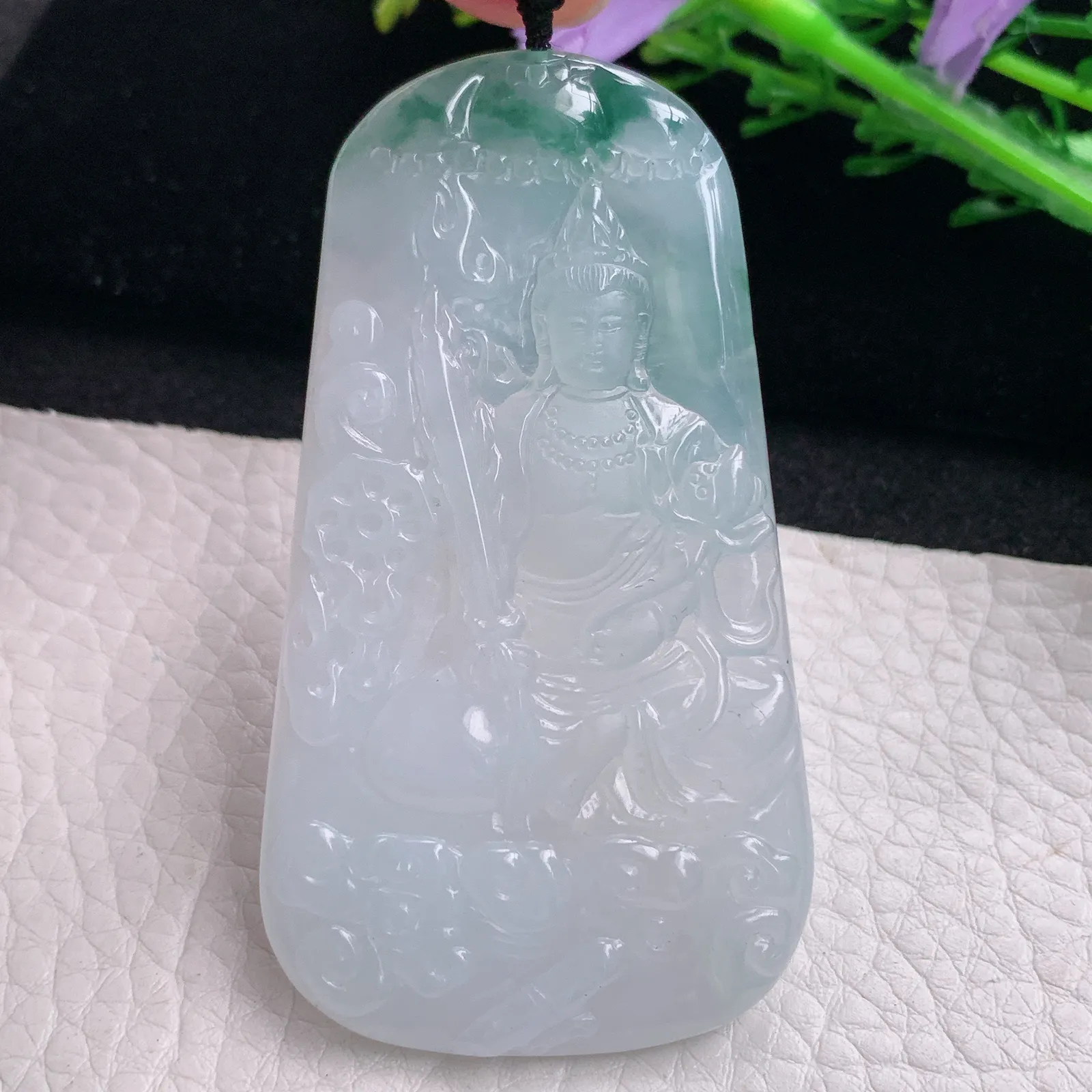 kh自然光67.5*34.3*5.5天然缅甸翡翠冰飘花虚空藏玉吊坠 玉挂件