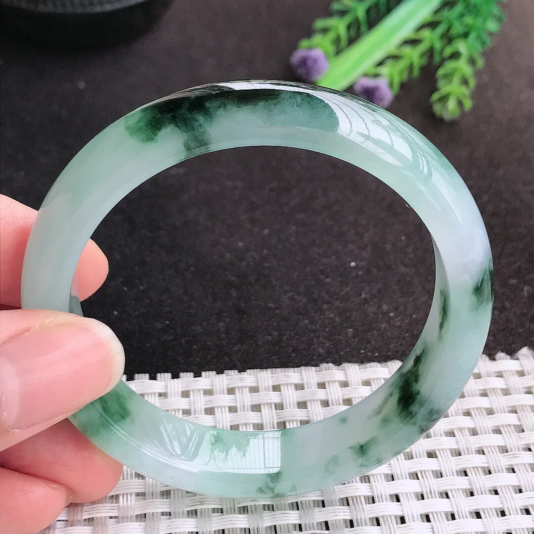 天然A货翡翠55/12.7/7.6老坑冰胶果冻特色飘花手镯宽边玉手镯