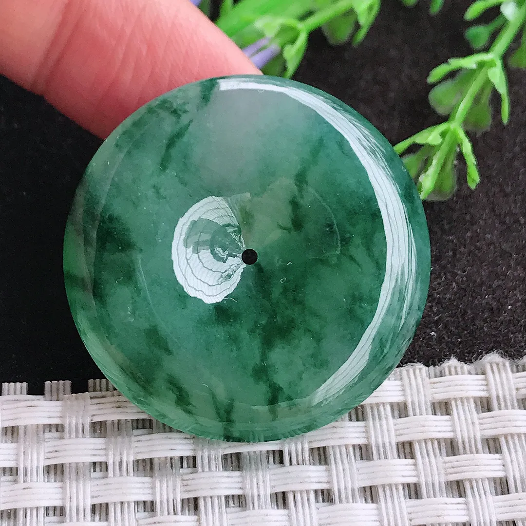 天然a货翡翠35/6.3老坑冰胶果冻冰飘花平安扣吊坠翡翠玉扣挂件