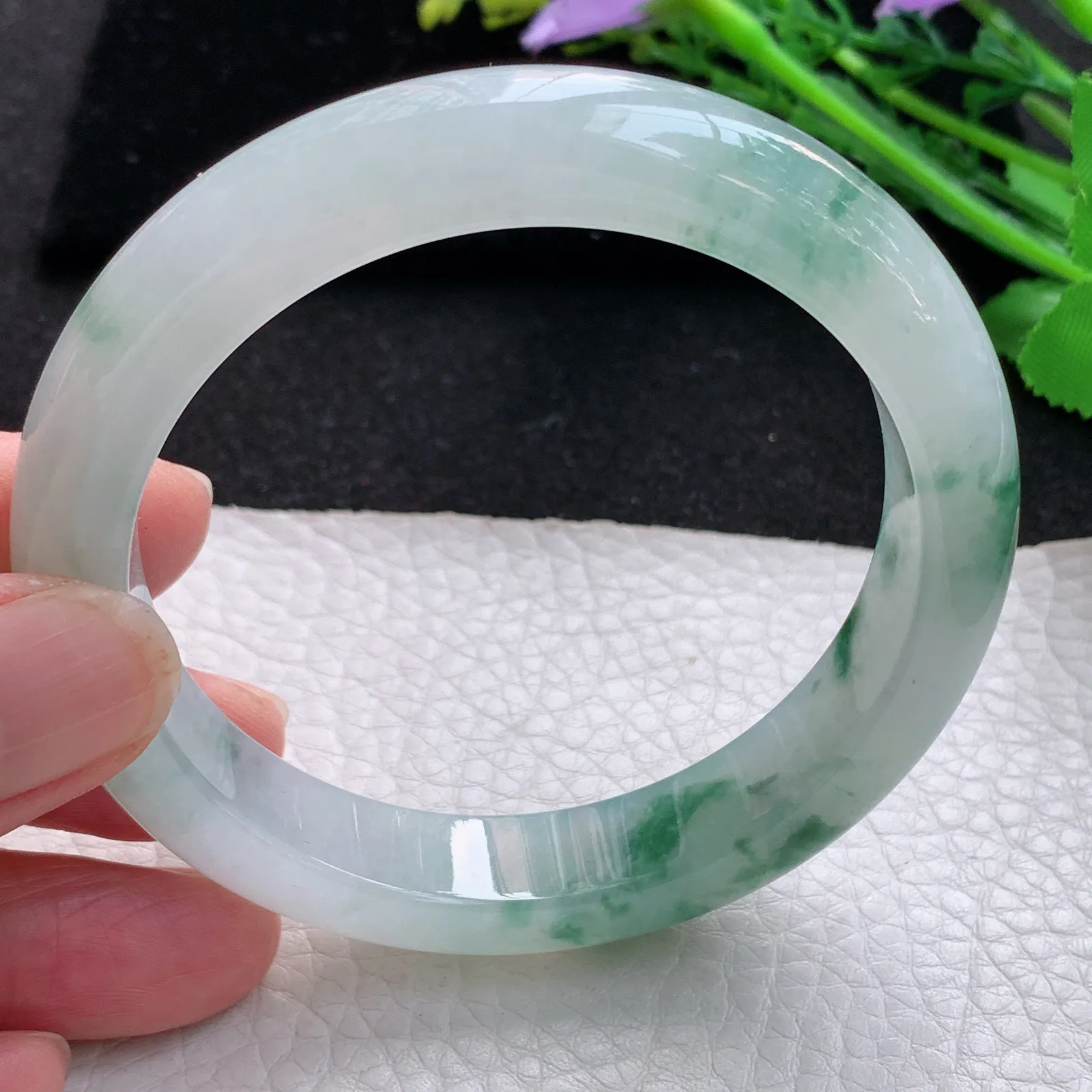 nr自然光57.8*12.2*8.3平安镯 缅甸翡翠a货玉手镯冰飘花宽边玉手环