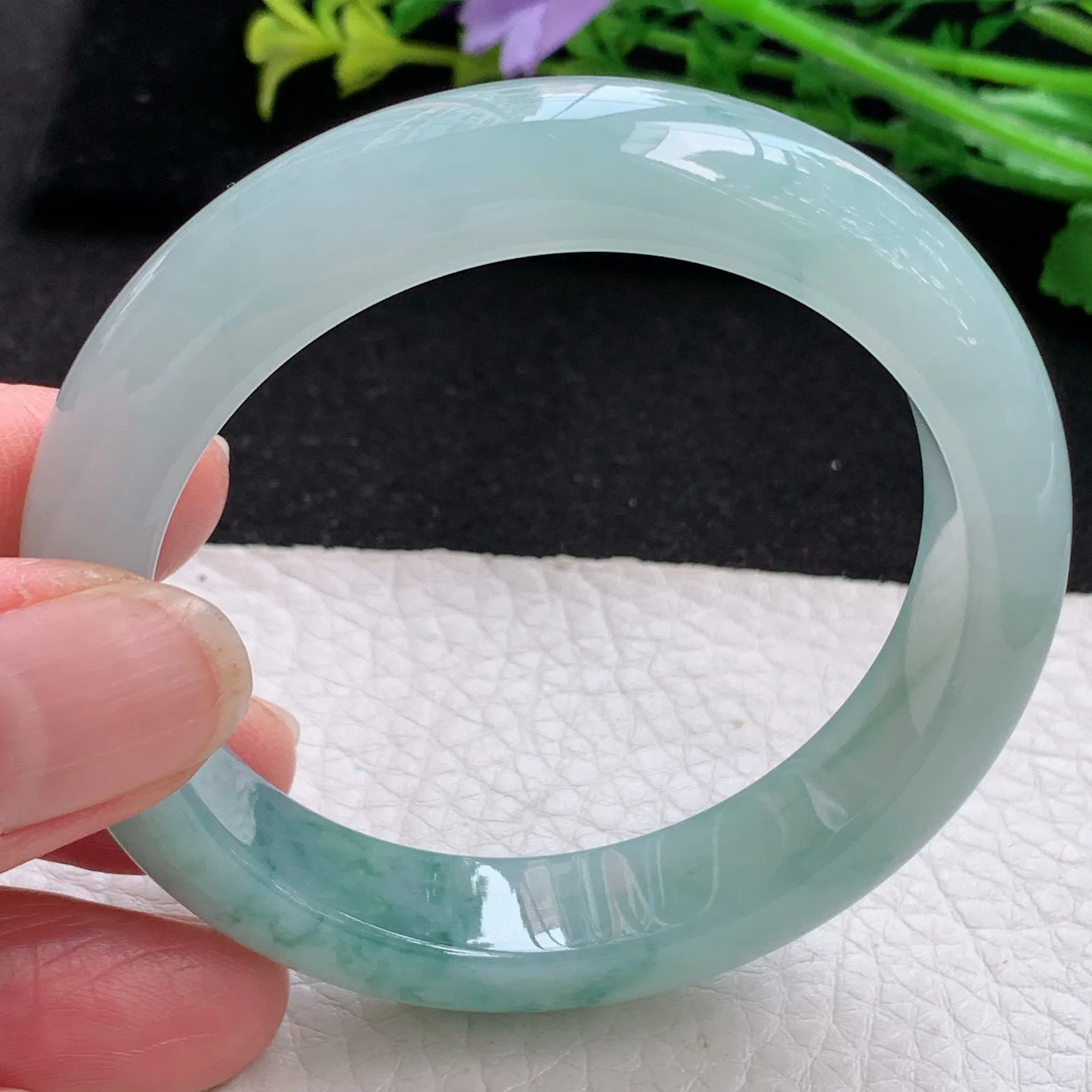 xo小圈口51.5*12.2*8.2平安镯 缅甸翡翠a货玉手镯冰飘花秀气宽边玉手环