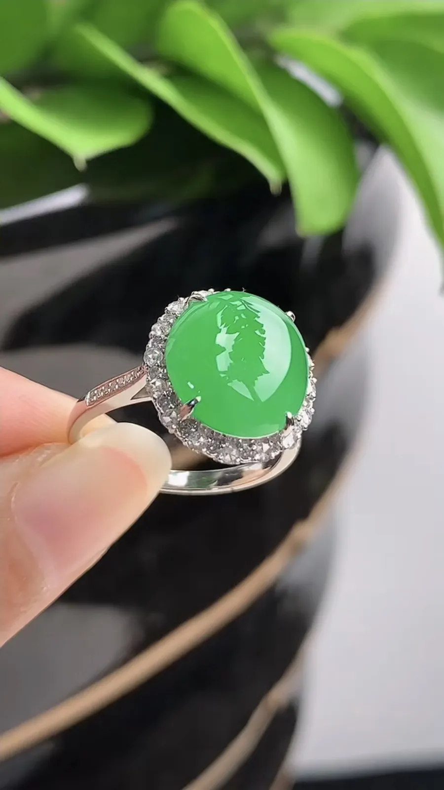 a货翡翠老坑冰种18K金伴钻镶嵌阳绿蛋面戒指 圈口17.3裸石尺寸12×11.2mm 重量3.66g 1201