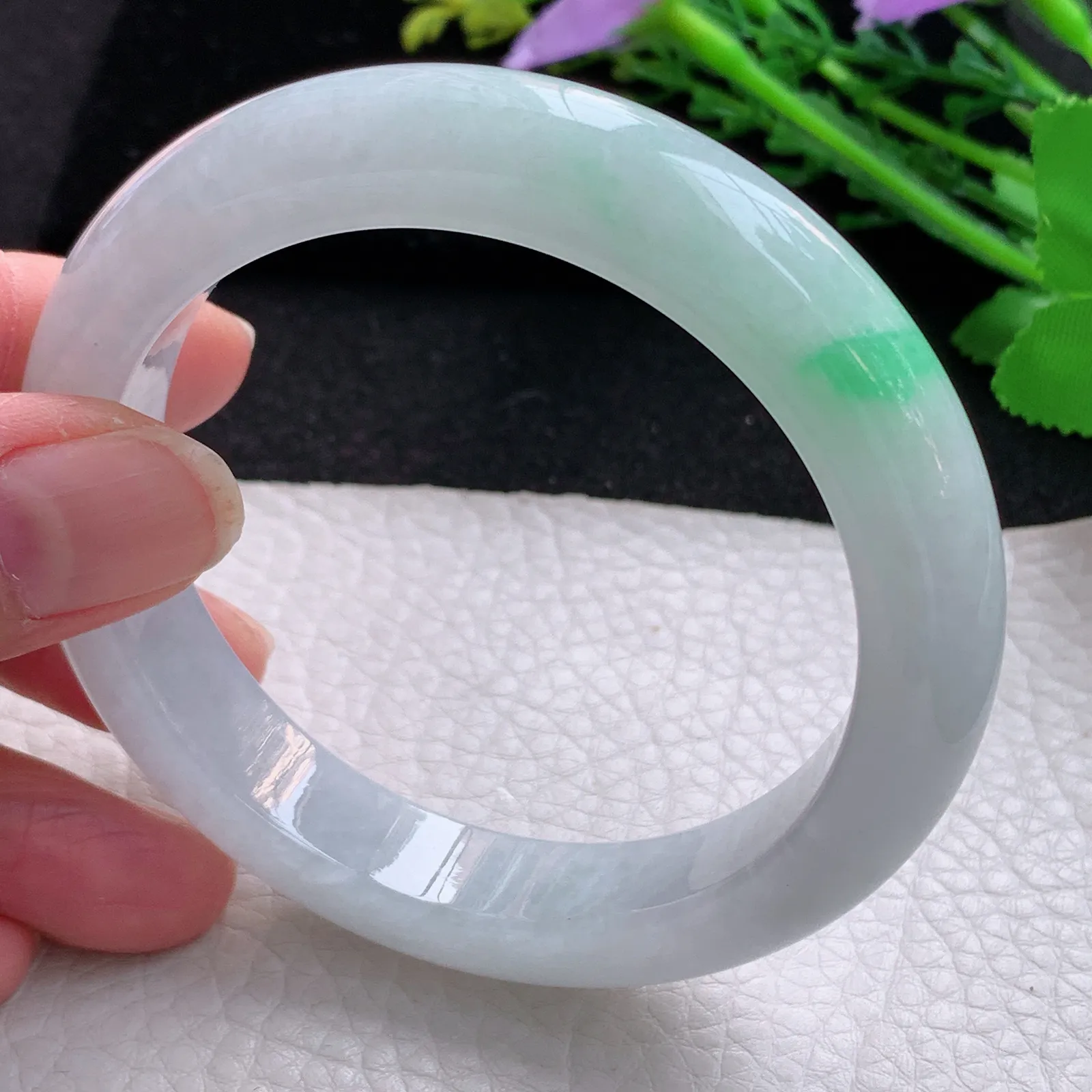 hy自然光59*12.3*9.2平安镯 缅甸翡翠a货玉手镯飘绿花厚装宽边玉手环