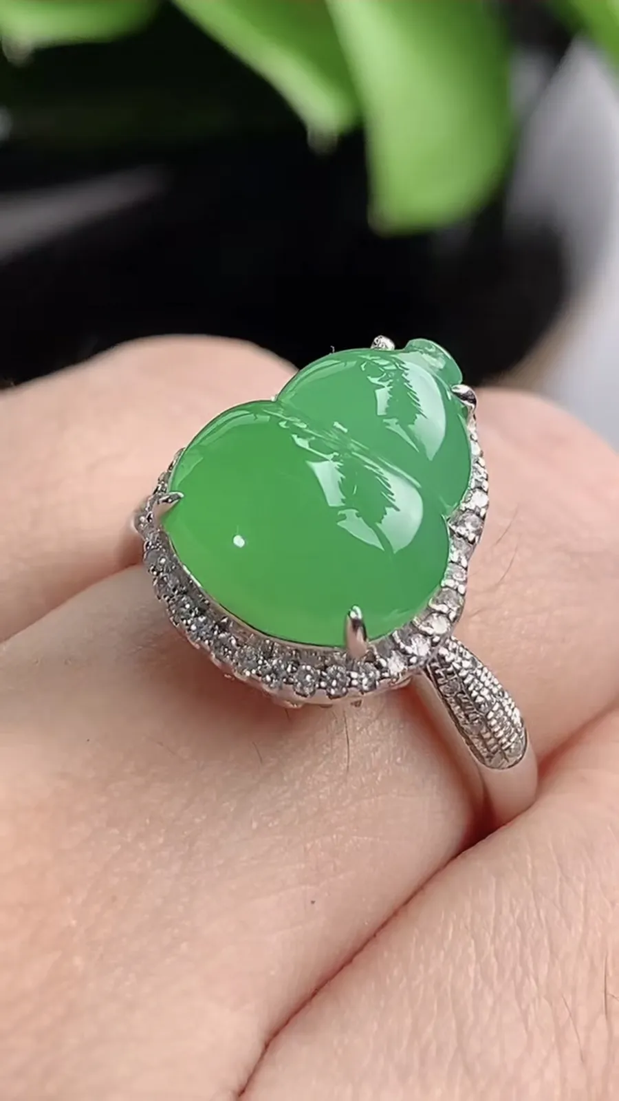 a货翡翠老坑冰种18K金伴钻镶嵌甜绿葫芦戒指 尺寸26.3×16×10裸石15.8×12mm 重量5