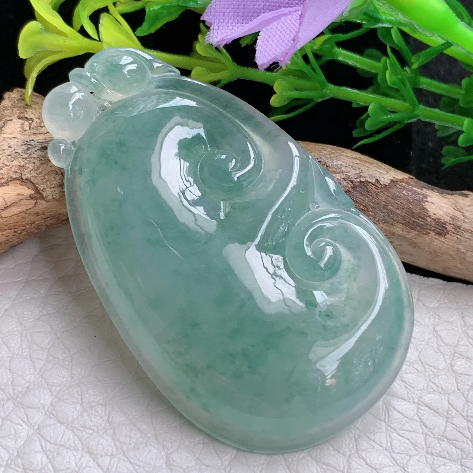 gp自然光48.2*29.5*6天然缅甸翡翠冰晴如意 玉如意玉吊坠 玉挂件