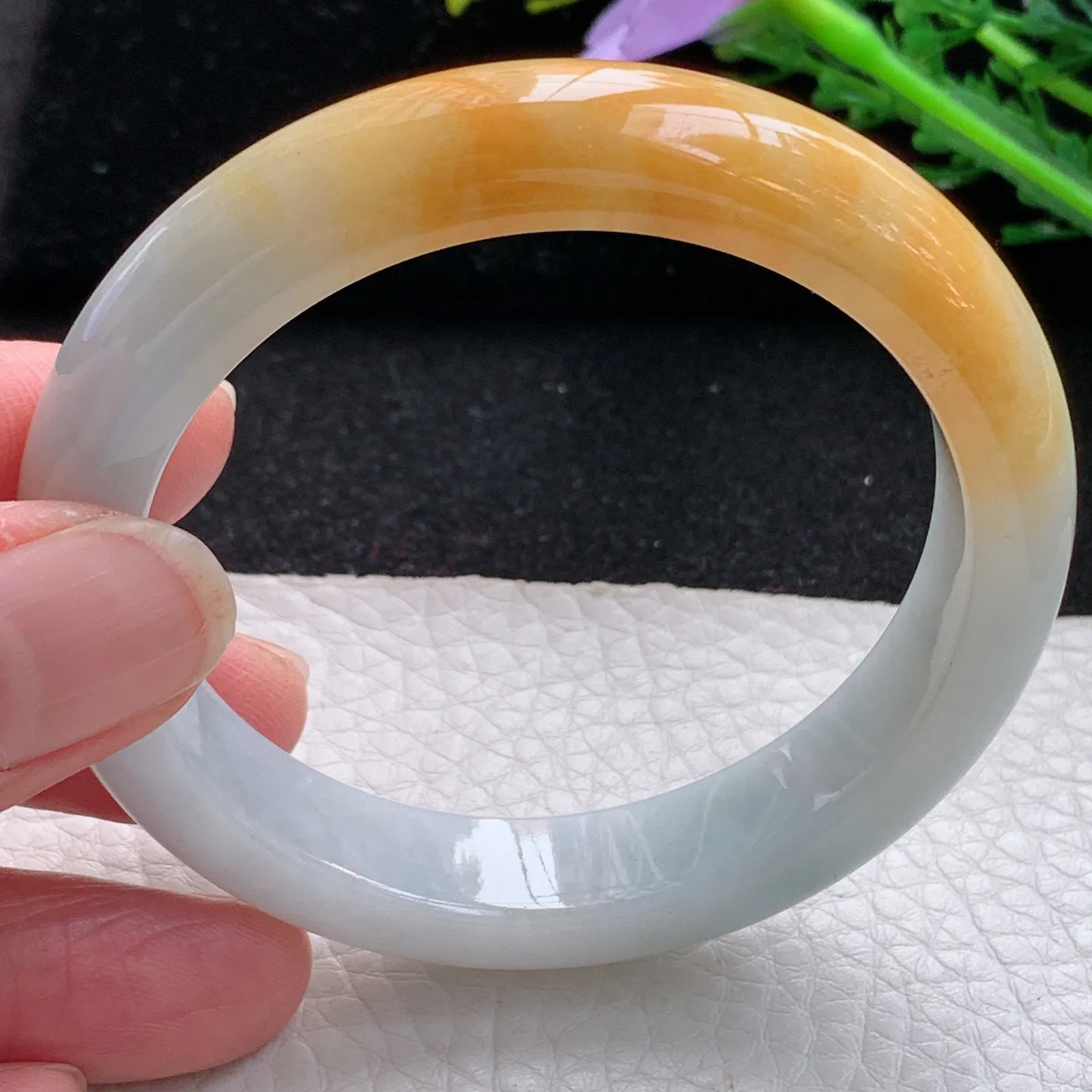 z自然光53.6*11.5*8平安镯 缅甸翡翠a货玉手镯双彩宽边玉手环