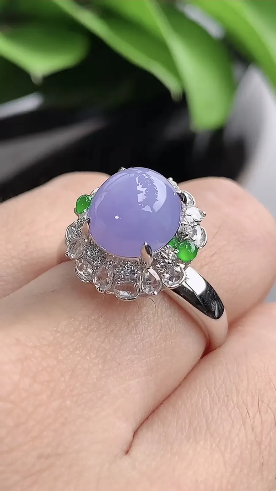 a货翡翠老坑冰种18K金伴钻镶嵌紫罗兰蛋面戒指 圈口17.5裸石尺寸9×8.3mm 重量4.25g 1201