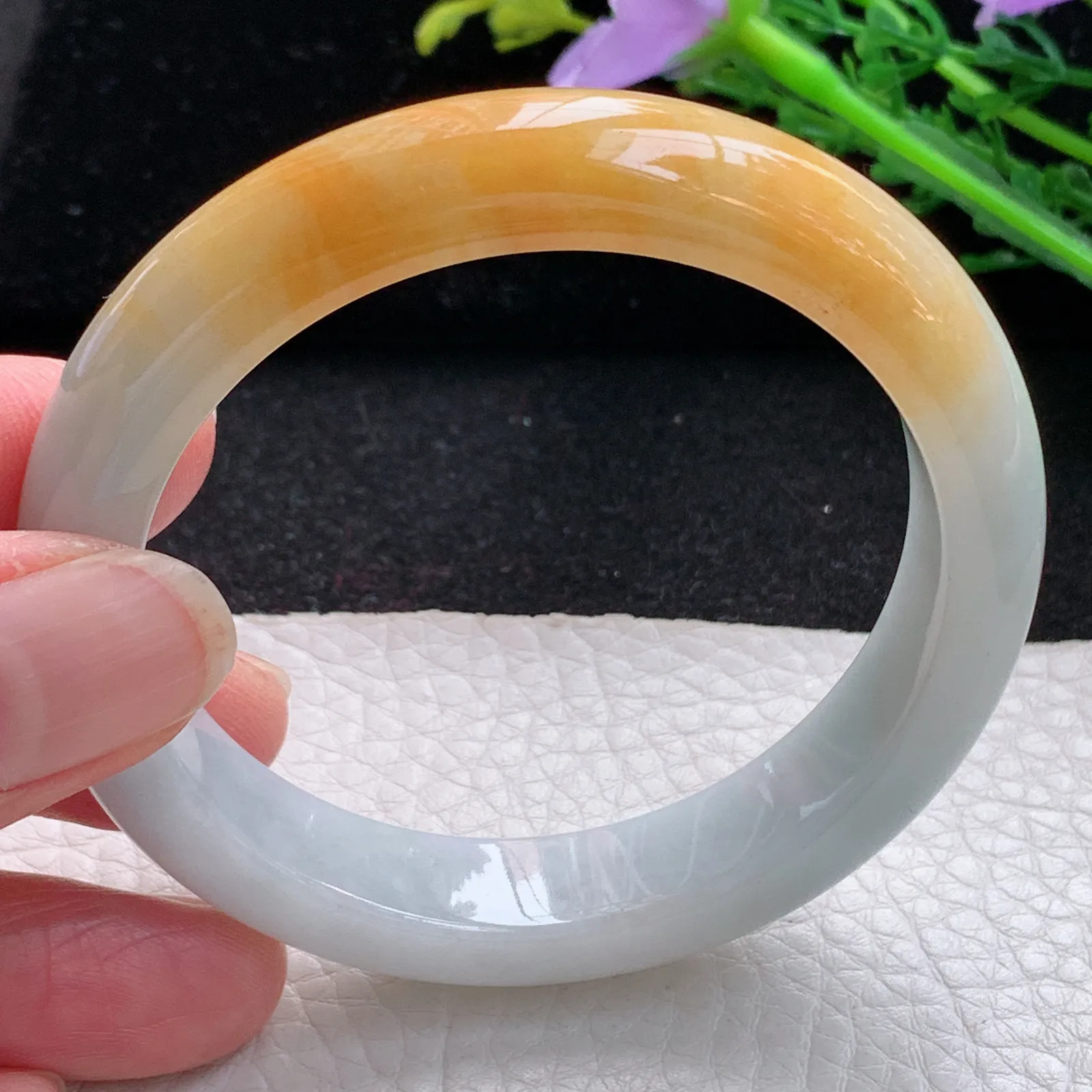 z自然光53.6*11.5*8平安镯 缅甸翡翠a货玉手镯双彩宽边玉手环