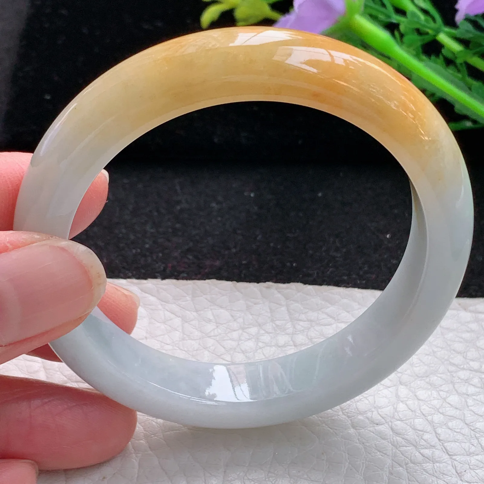 z自然光53.6*11.5*8平安镯 缅甸翡翠a货玉手镯双彩宽边玉手环