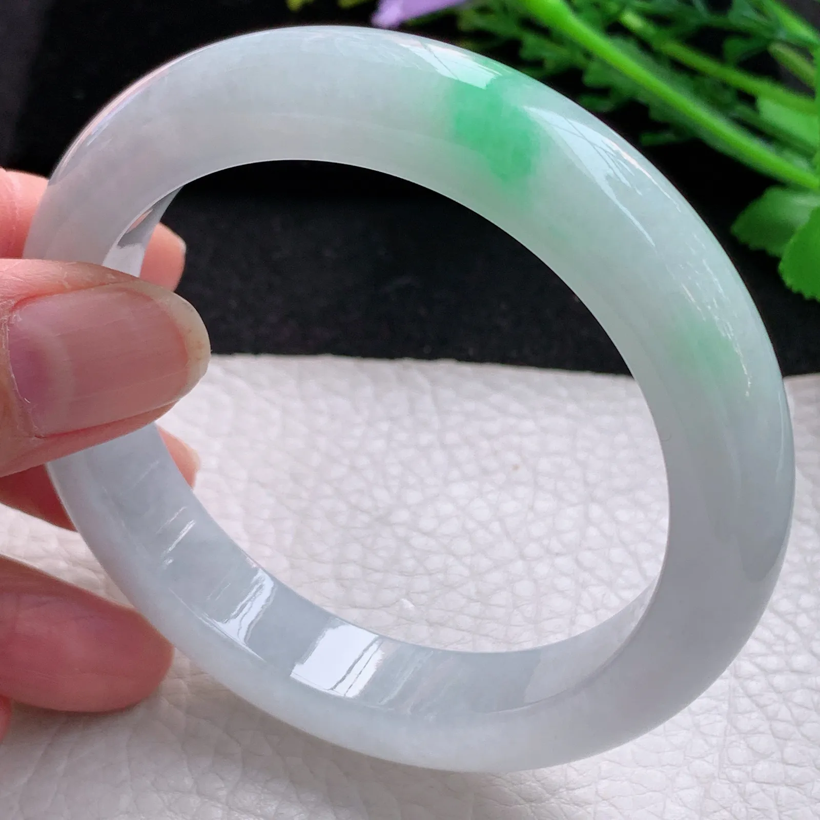 hy自然光59*12.3*9.2平安镯 缅甸翡翠a货玉手镯飘绿花厚装宽边玉手环