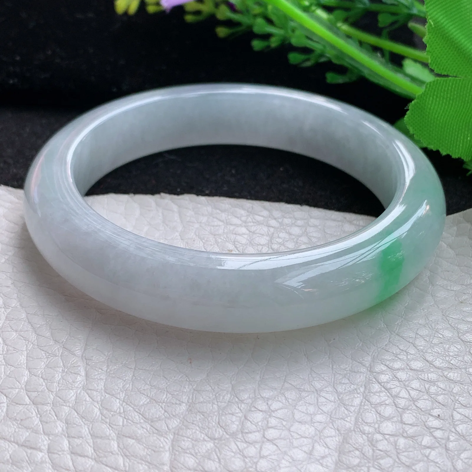 hy自然光59*12.3*9.2平安镯 缅甸翡翠a货玉手镯飘绿花厚装宽边玉手环