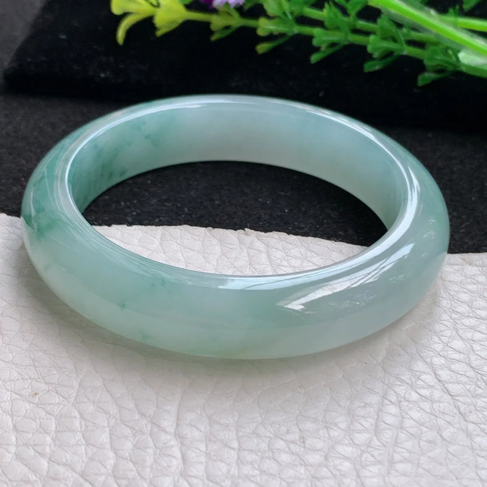 xo小圈口51.5*12.2*8.2平安镯 缅甸翡翠a货玉手镯冰飘花秀气宽边玉手环