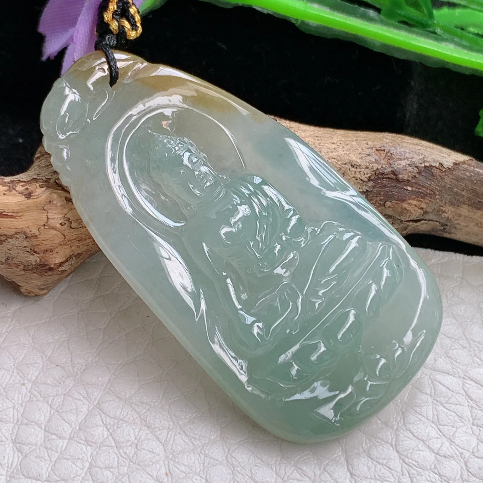 kh自然光50.5*26.3*5.2天然缅甸翡翠冰双彩阿弥陀佛玉吊坠 玉挂件