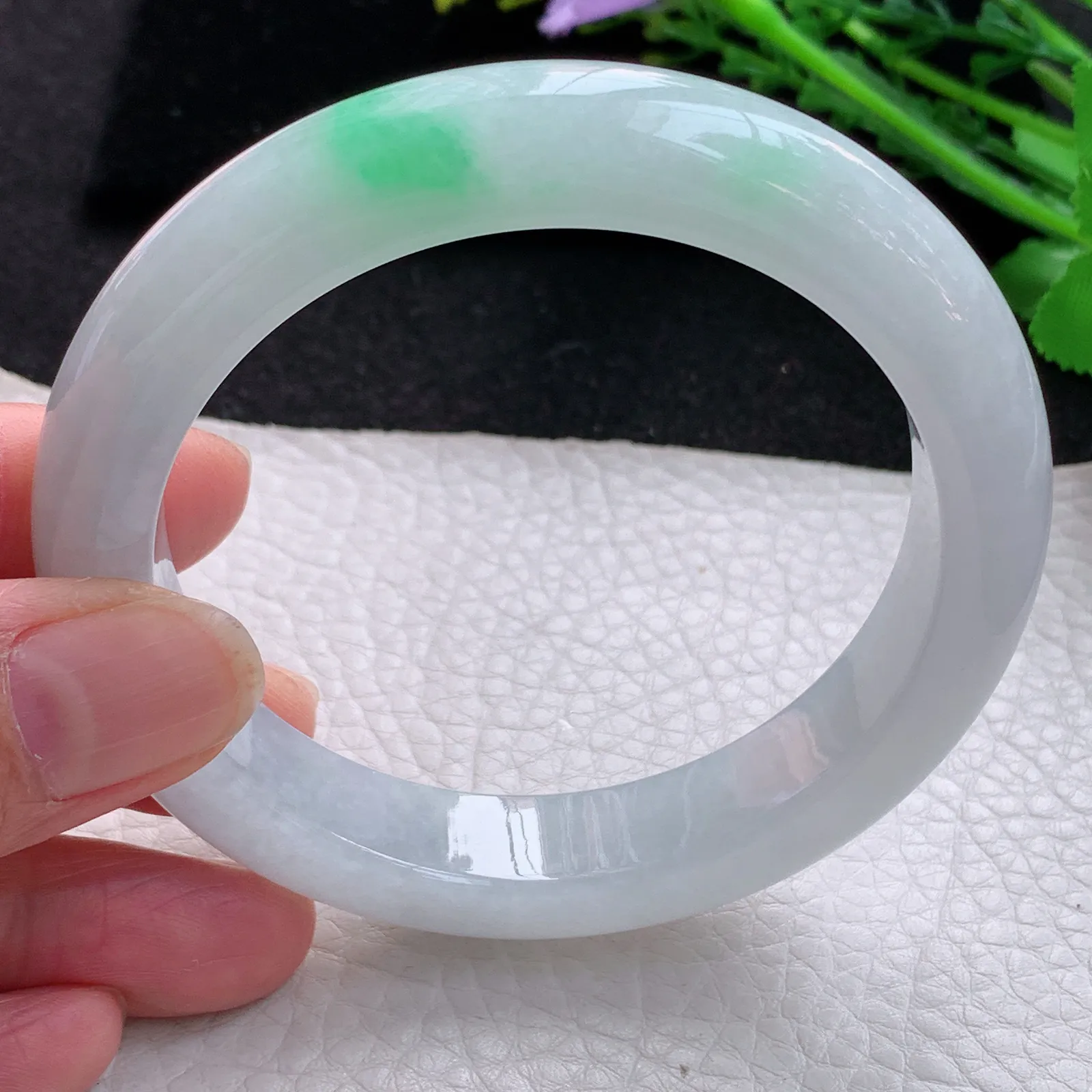 hy自然光59*12.3*9.2平安镯 缅甸翡翠a货玉手镯飘绿花厚装宽边玉手环