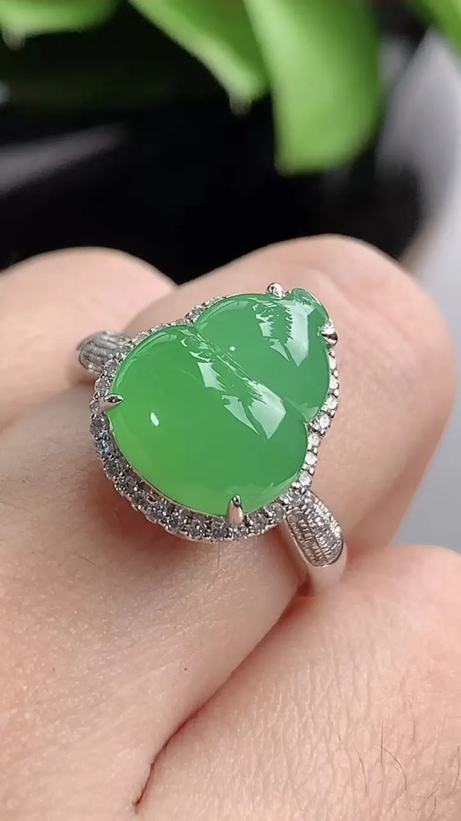a货翡翠老坑冰种18K金伴钻镶嵌甜绿葫芦戒指 尺寸26.3×16×10裸石15.8×12mm 重量5.22g 1202