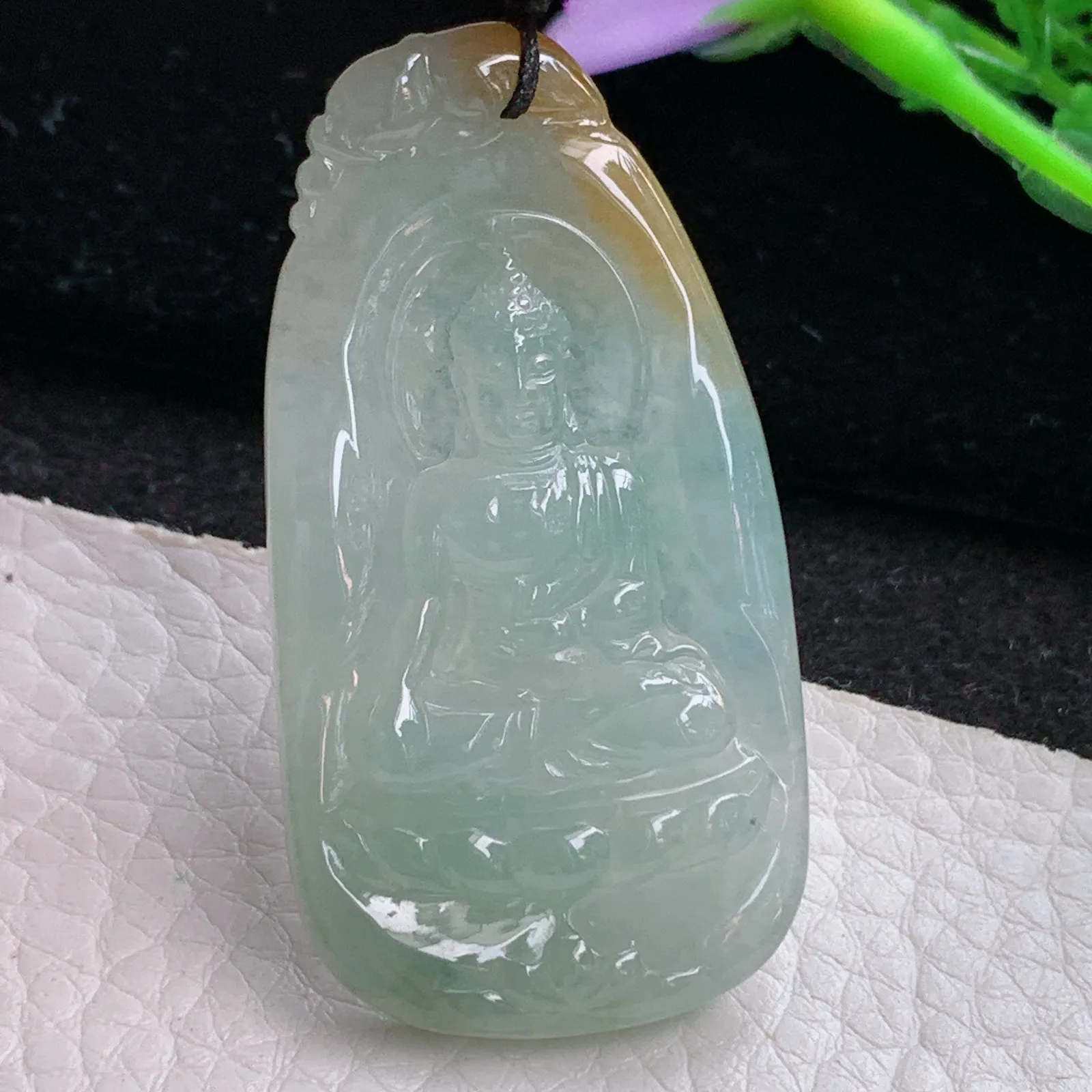 kh自然光50.5*26.3*5.2天然缅甸翡翠冰双彩阿弥陀佛玉吊坠 玉挂件