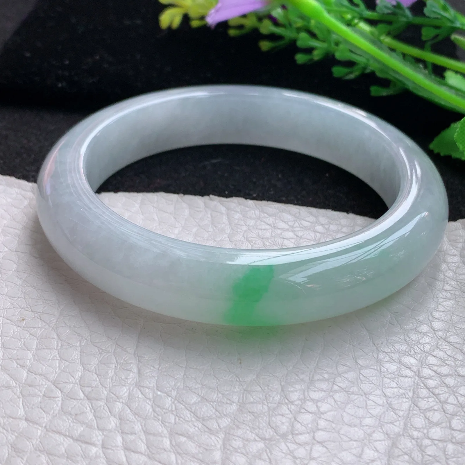 hy自然光59*12.3*9.2平安镯 缅甸翡翠a货玉手镯飘绿花厚装宽边玉手环