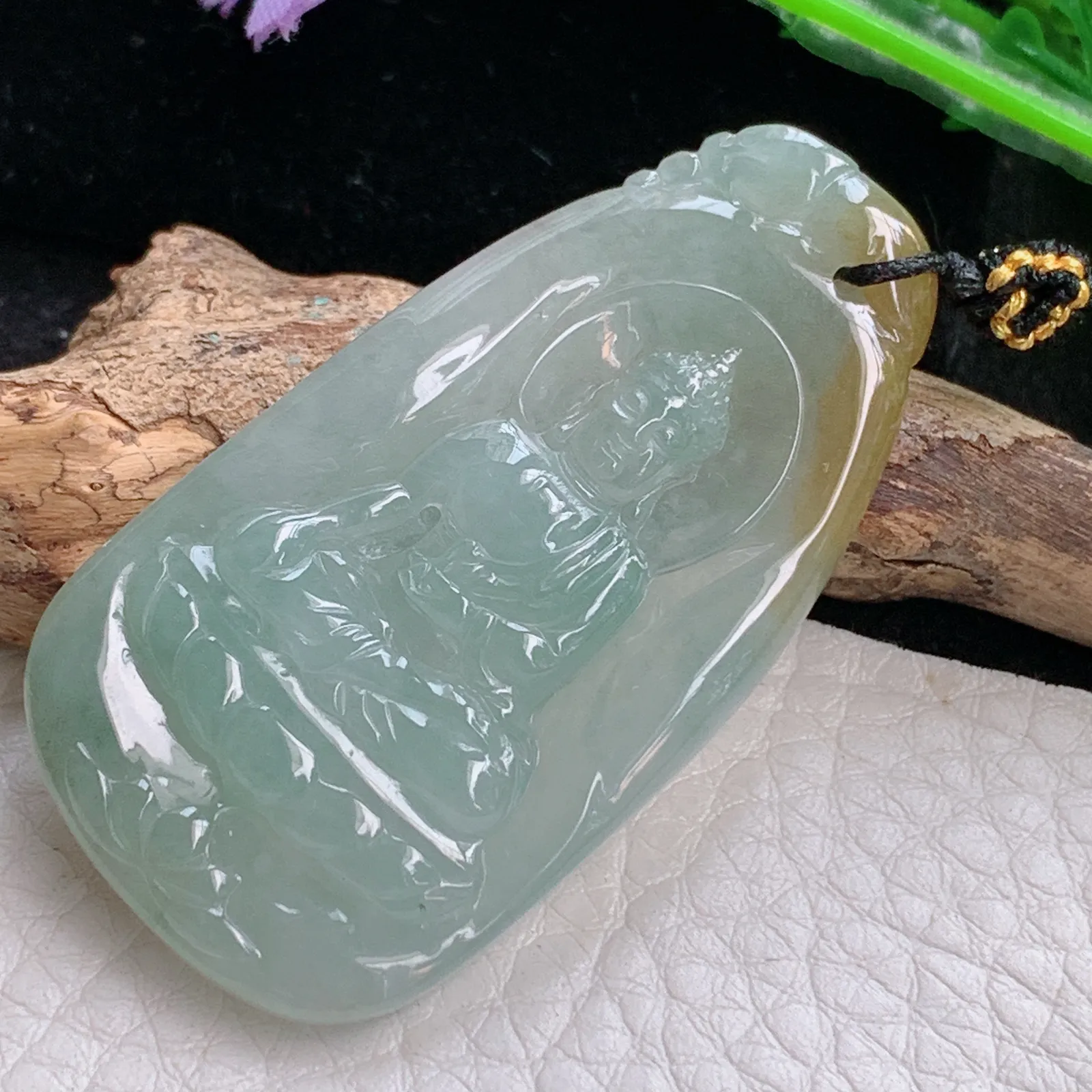 kh自然光50.5*26.3*5.2天然缅甸翡翠冰双彩阿弥陀佛玉吊坠 玉挂件