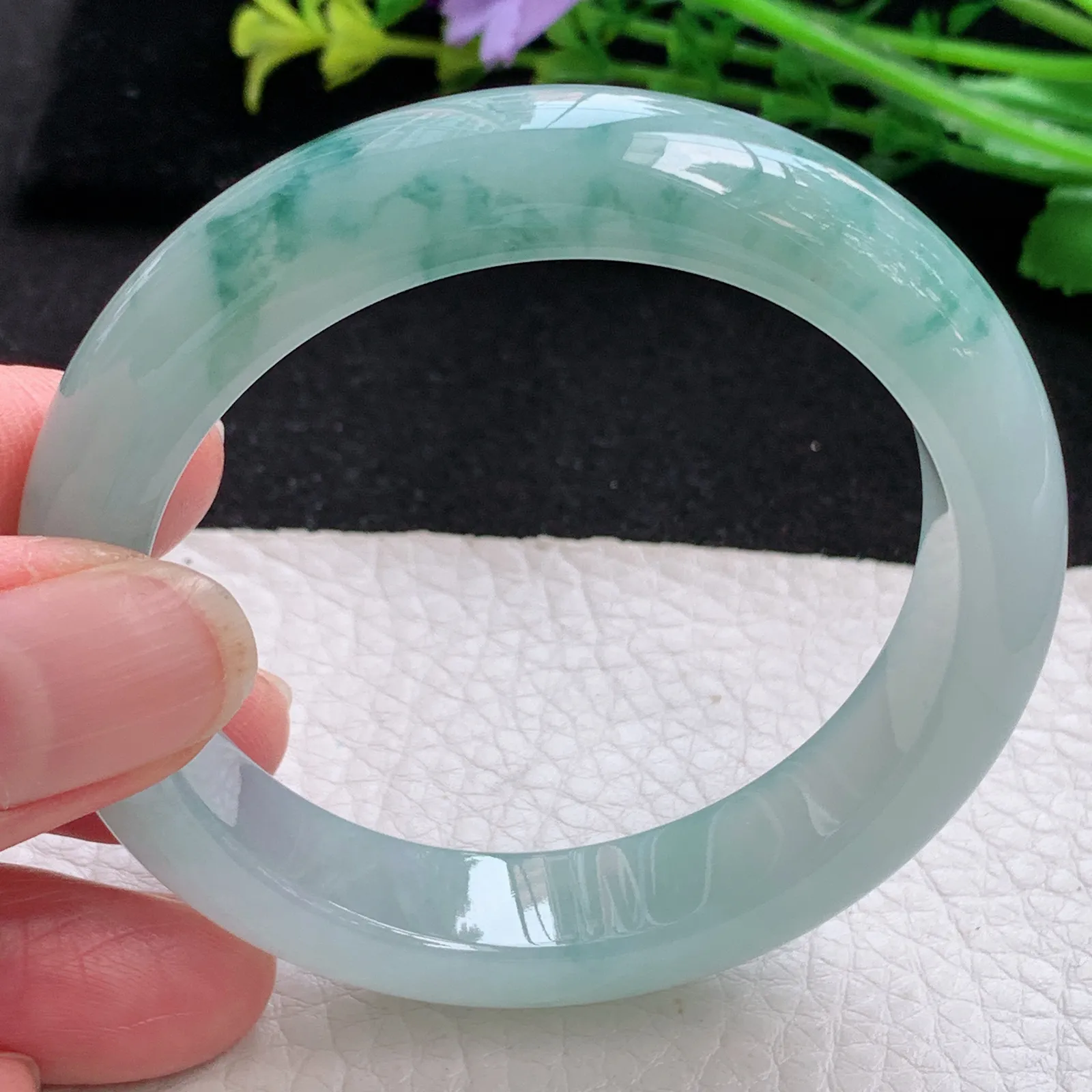 xo小圈口51.5*12.2*8.2平安镯 缅甸翡翠a货玉手镯冰飘花秀气宽边玉手环