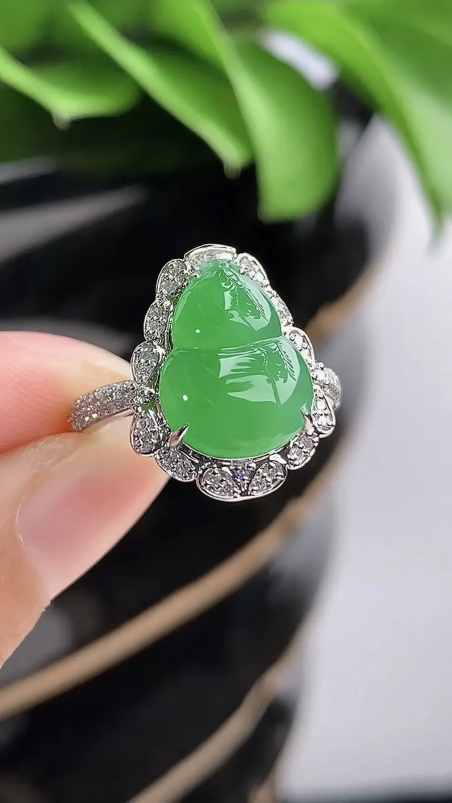 a货翡翠老坑冰种18K金伴钻镶嵌甜绿葫芦戒指 圈口17裸石尺寸13×9.7mm 重量3.60g 1202