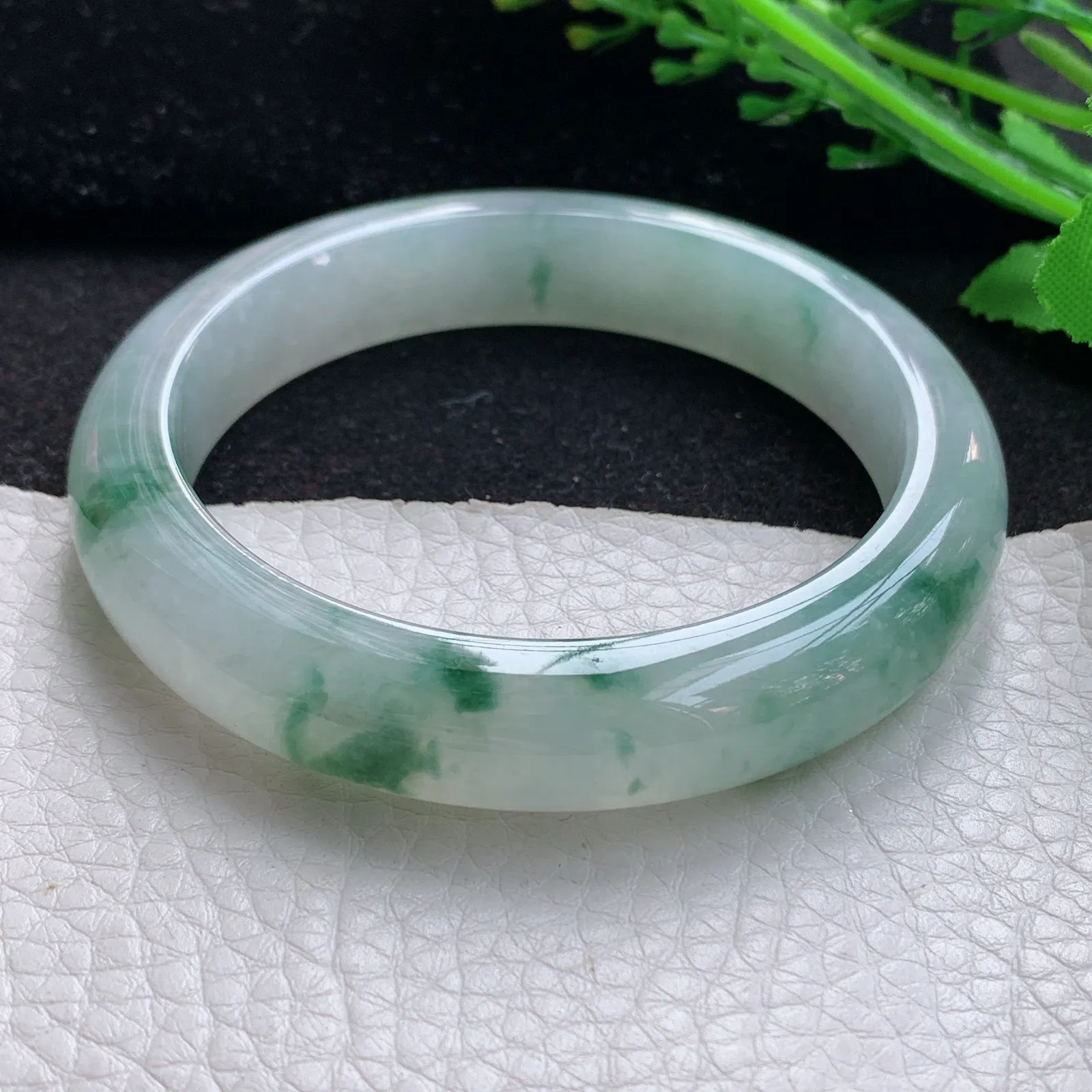 nr自然光57.8*12.2*8.3平安镯 缅甸翡翠a货玉手镯冰飘花宽边玉手环