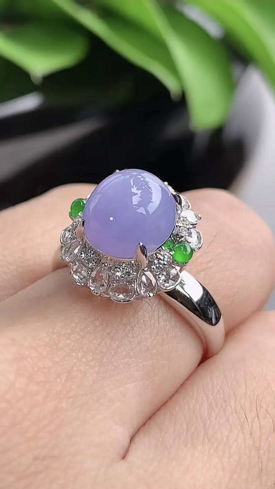 a货翡翠老坑冰种18K金伴钻镶嵌紫罗兰蛋面戒指 圈口17.5裸石尺寸9×8.3mm 重量4.25g 1201