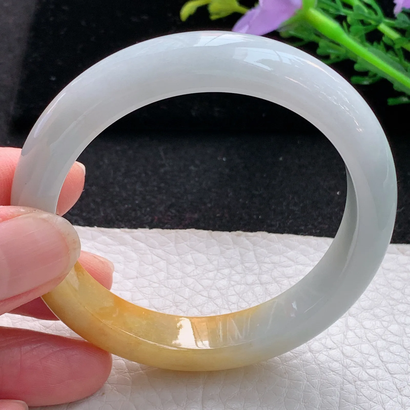 z自然光53.6*11.5*8平安镯 缅甸翡翠a货玉手镯双彩宽边玉手环